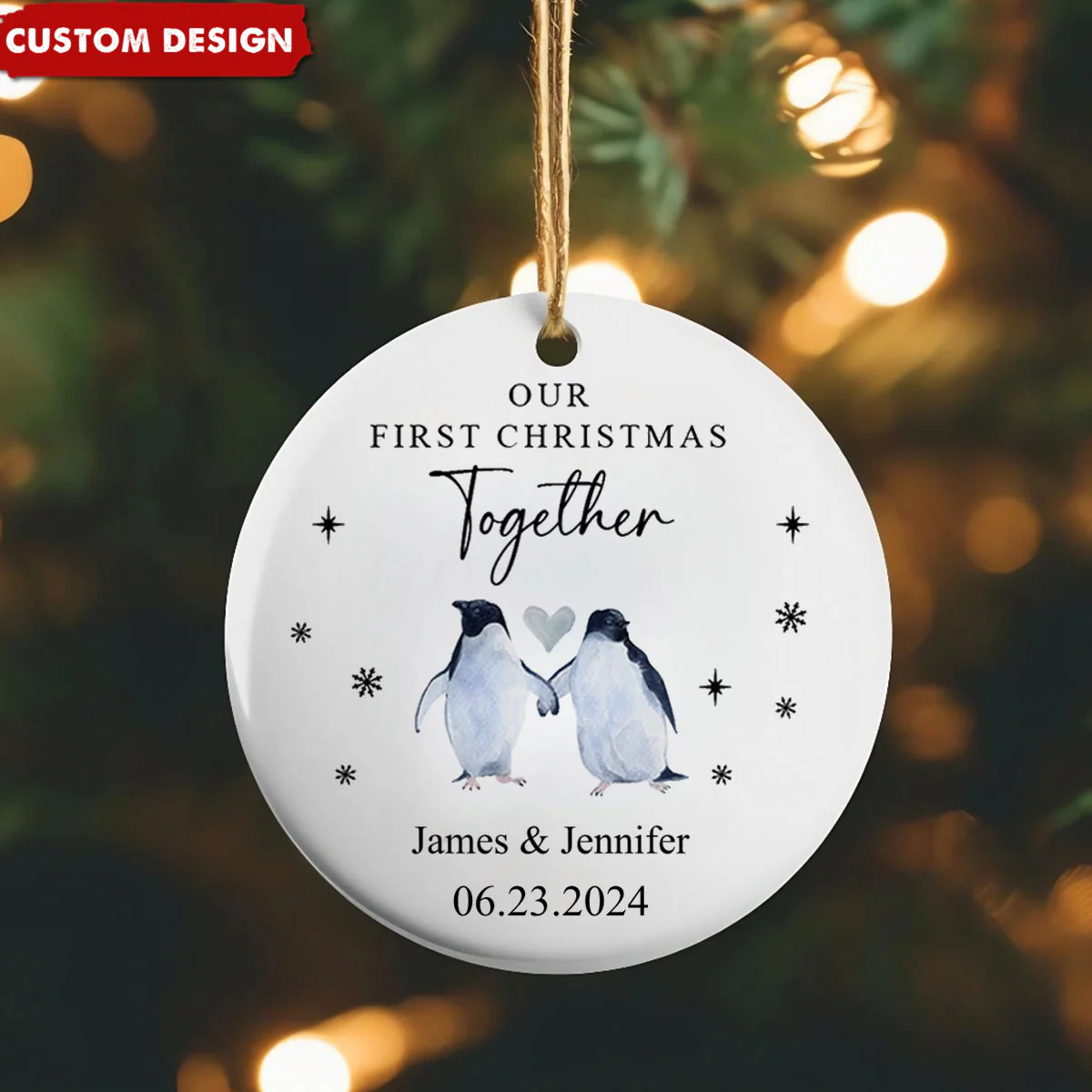 Engagement Ornament Gift - First Christmas Engaged Bauble, Penguin Custom Name Ceramic Ornament - Image 3