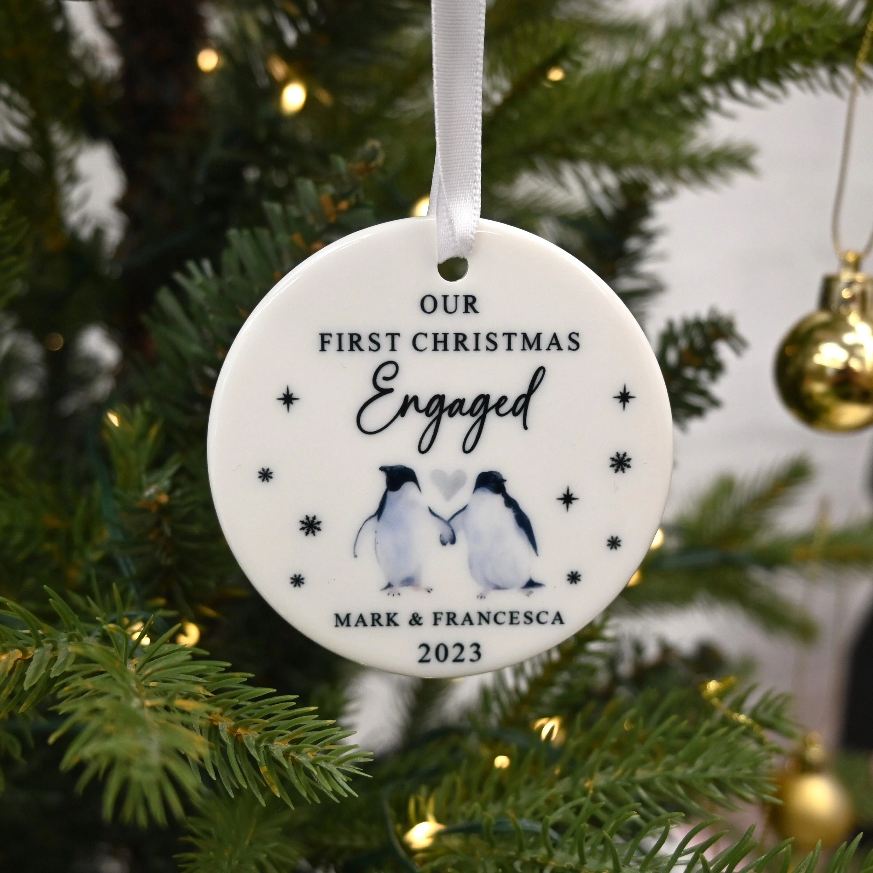 Engagement Ornament Gift - First Christmas Engaged Bauble, Penguin Custom Name Ceramic Ornament - Image 4