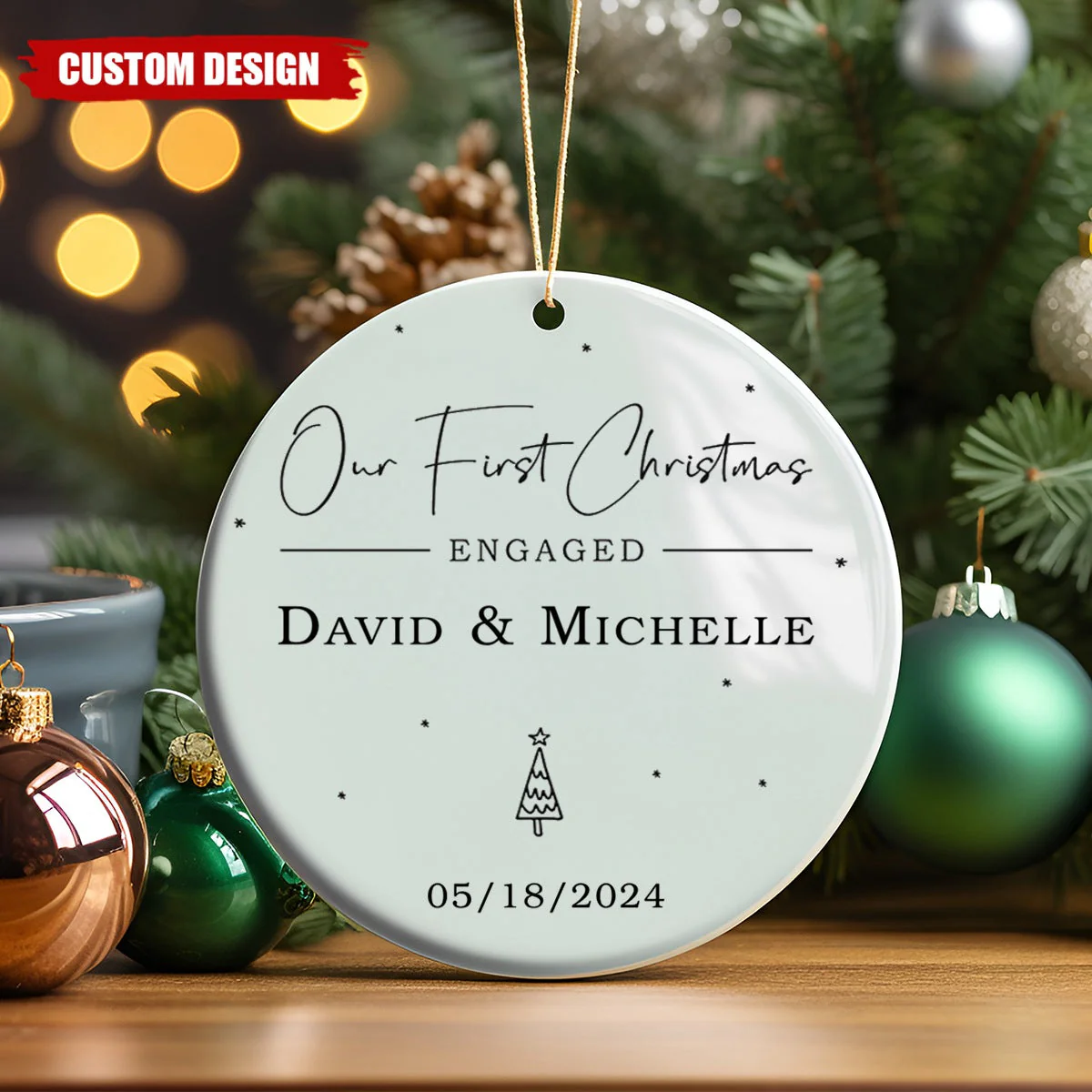 Engagement Ornament - Our First Christmas Engaged Bauble, Custom Name Ceramic Ornament - Image 2