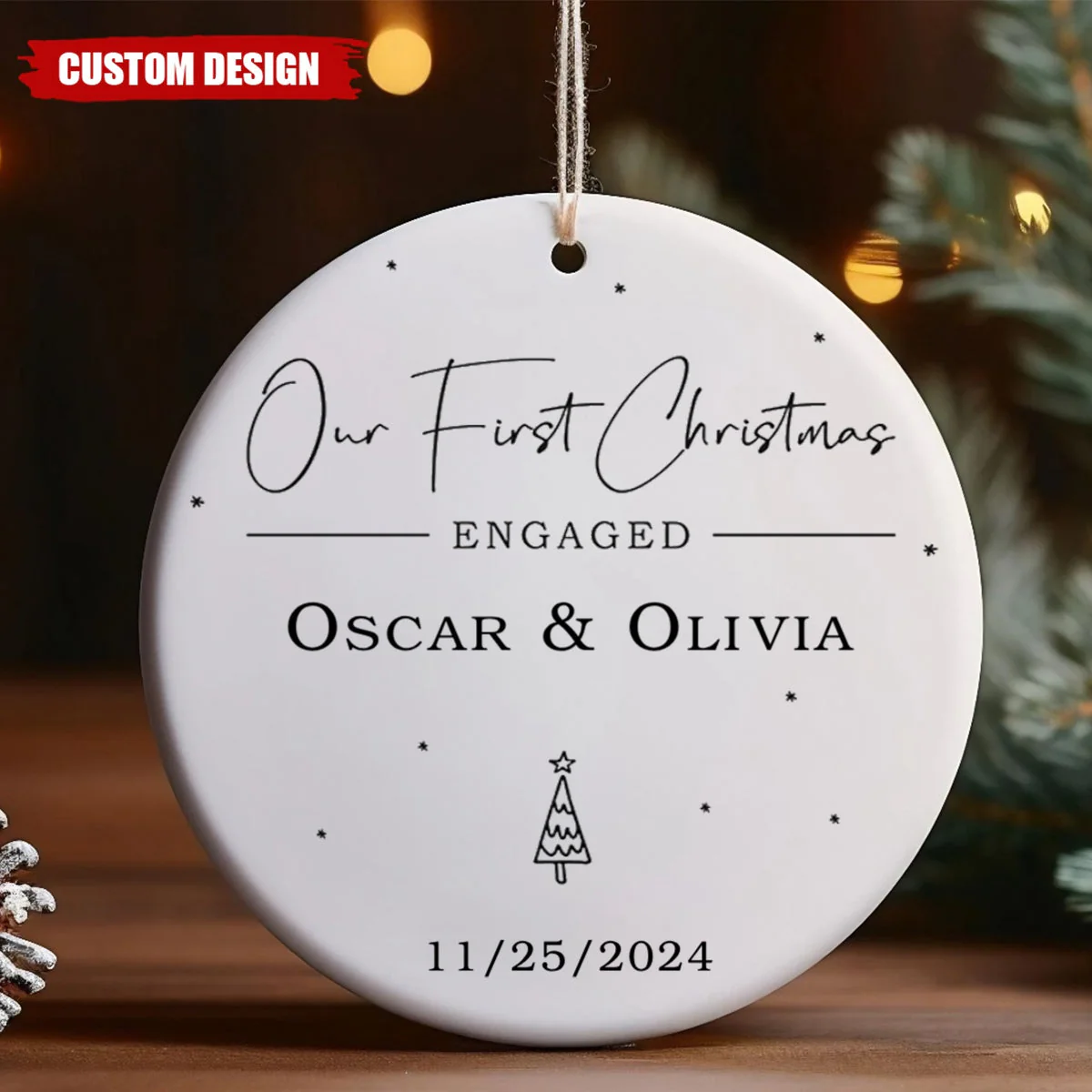 Engagement Ornament - Our First Christmas Engaged Bauble, Custom Name Ceramic Ornament - Image 3