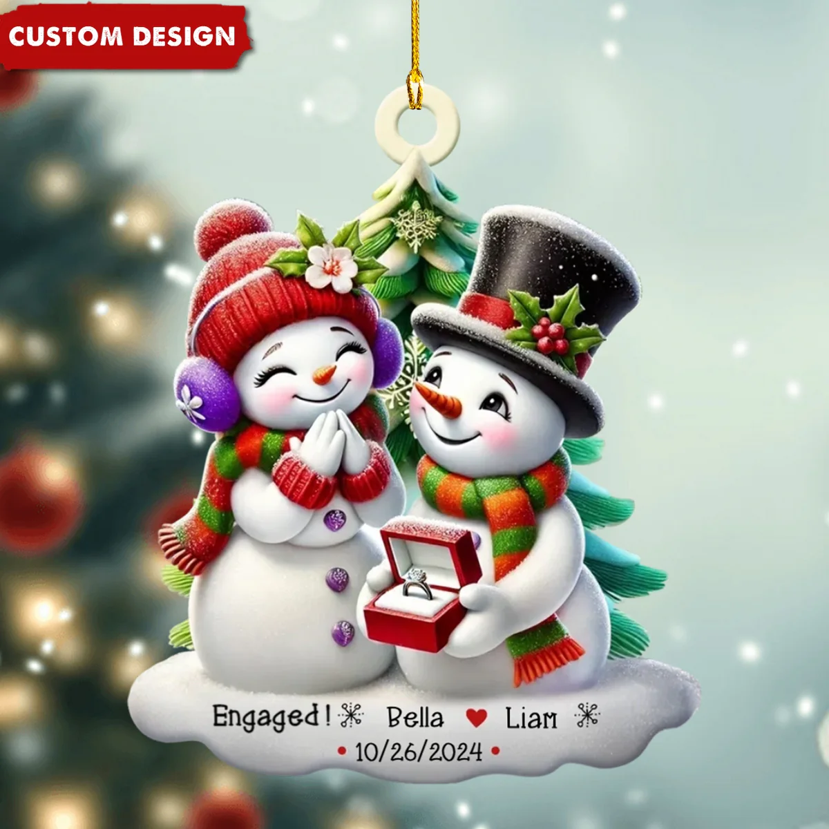 Engagement Snowman Couple Personalized Ornament, Christmas Gift For Newly Engaged Couple - Image 2