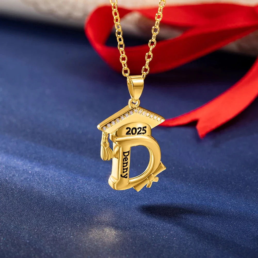 Engraved Name Personalized Bachelor Hat Graduation Initial Necklace - Image 2