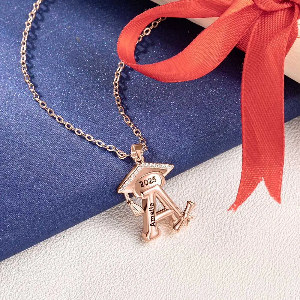 Engraved Name Personalized Bachelor Hat Graduation Initial Necklace - Image 3