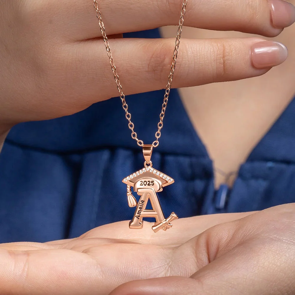 Engraved Name Personalized Bachelor Hat Graduation Initial Necklace - Image 4