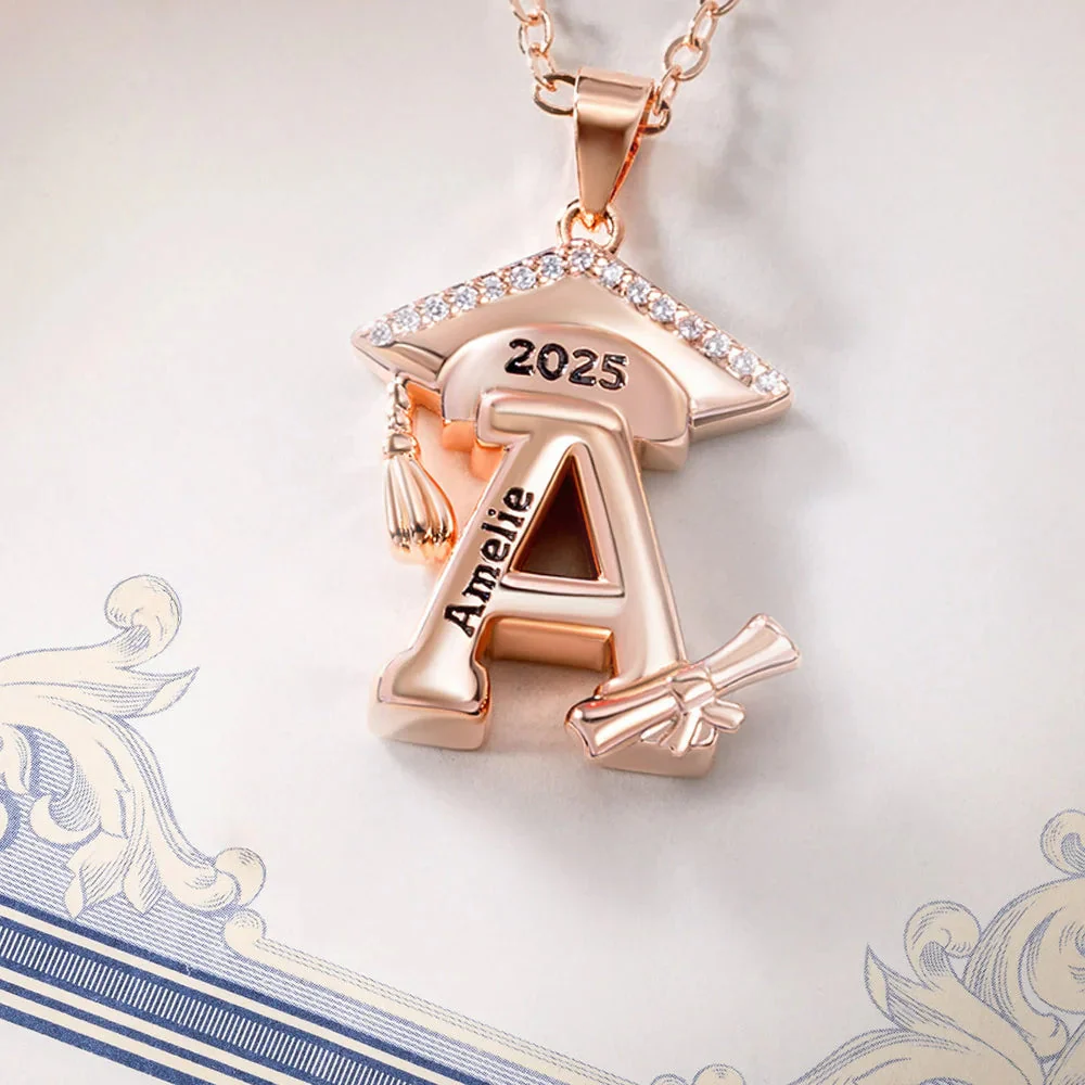 Engraved Name Personalized Bachelor Hat Graduation Initial Necklace - Image 7