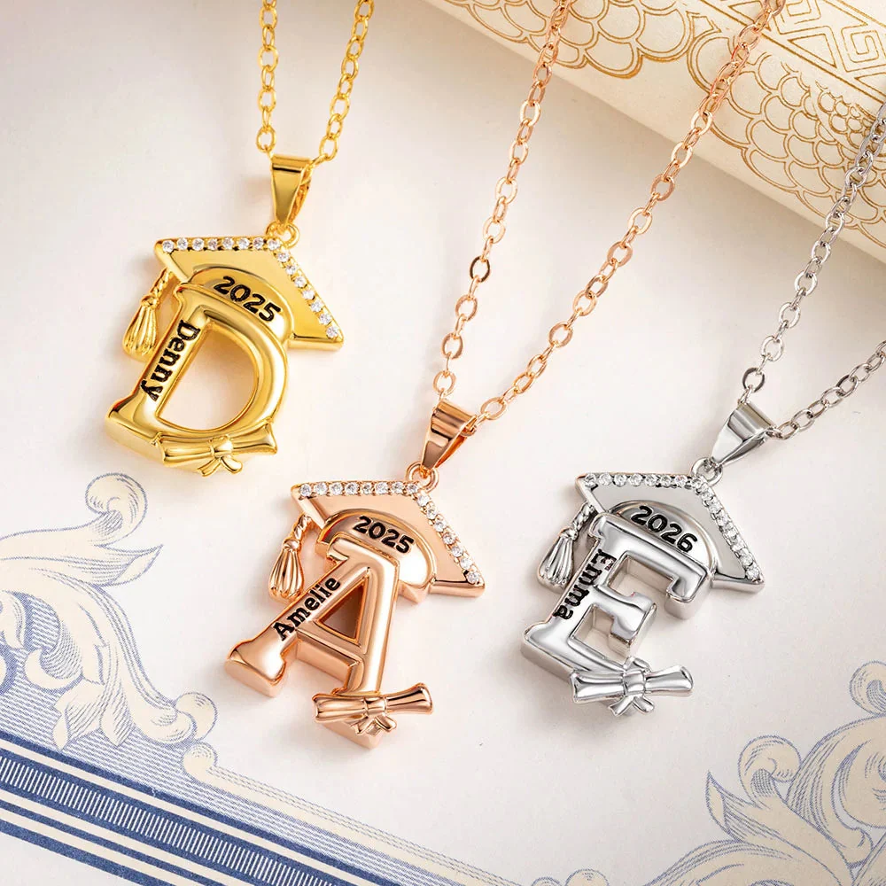 Engraved Name Personalized Bachelor Hat Graduation Initial Necklace - Image 8