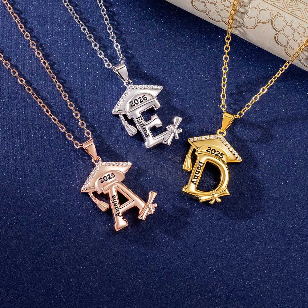 Engraved Name Personalized Bachelor Hat Graduation Initial Necklace - Image 9