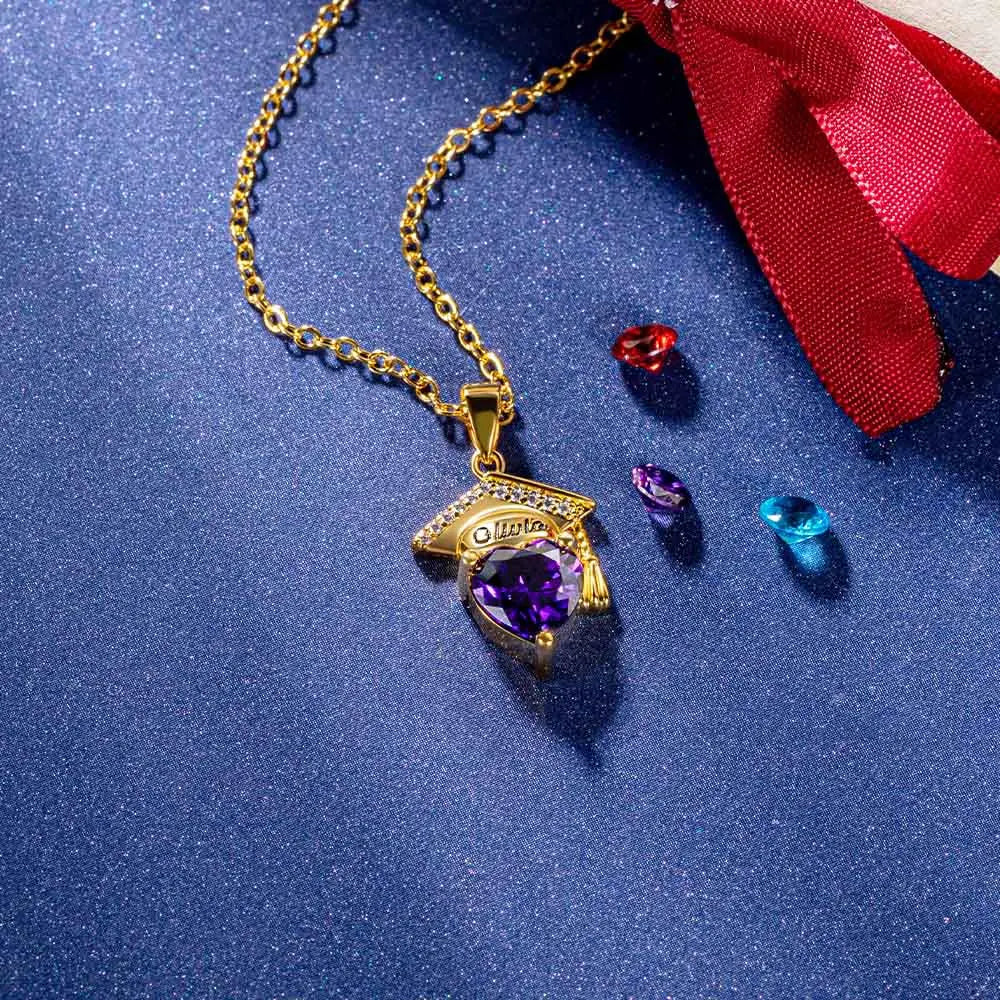 Engraved Name Personalized Bachelor Hat Heart Shaped Birthstone Graduation Necklace - Image 10