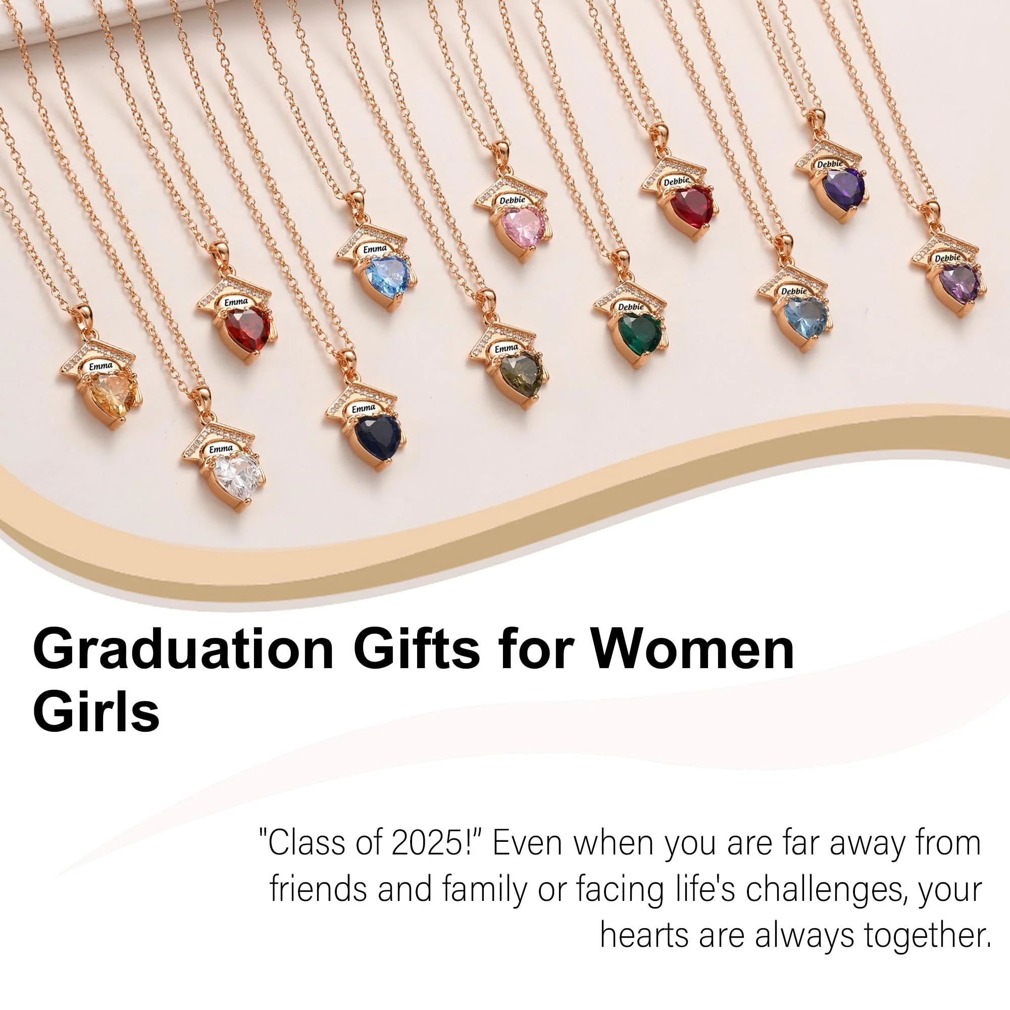 Engraved Name Personalized Bachelor Hat Heart Shaped Birthstone Graduation Necklace - Image 2
