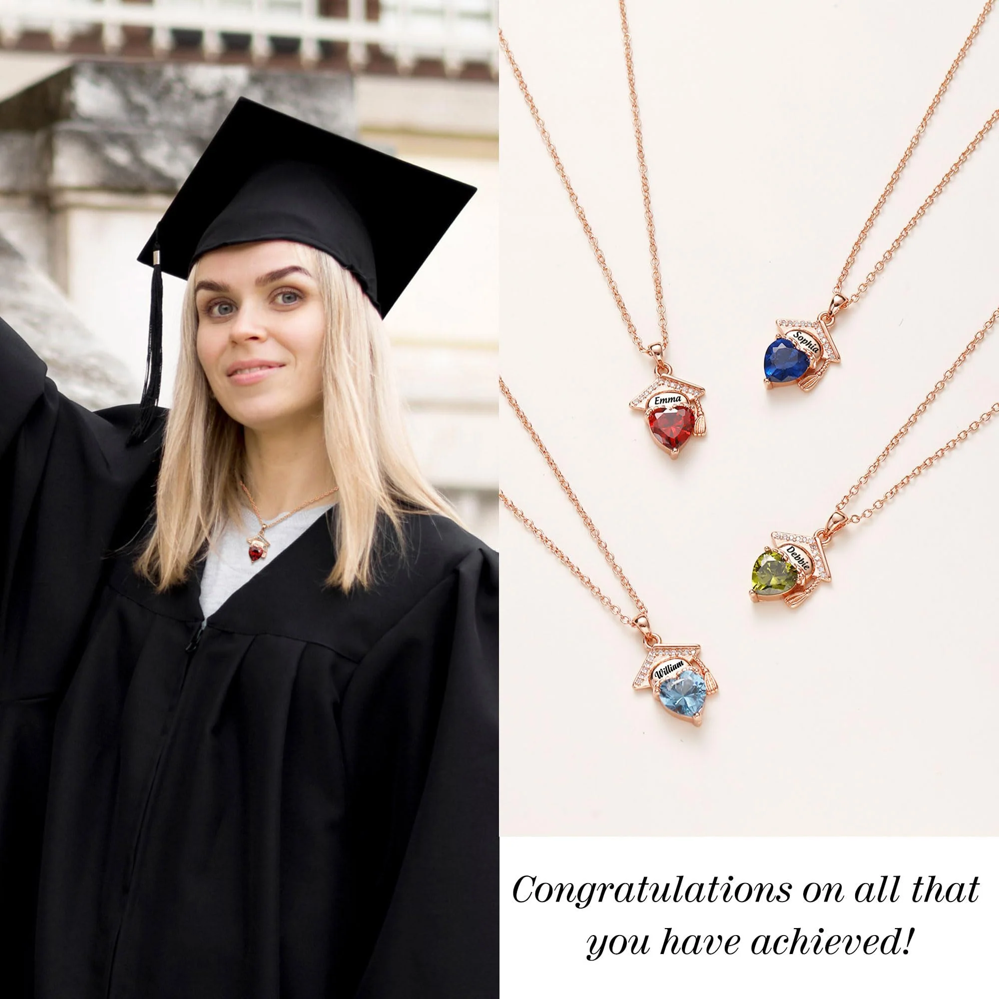 Engraved Name Personalized Bachelor Hat Heart Shaped Birthstone Graduation Necklace - Image 3