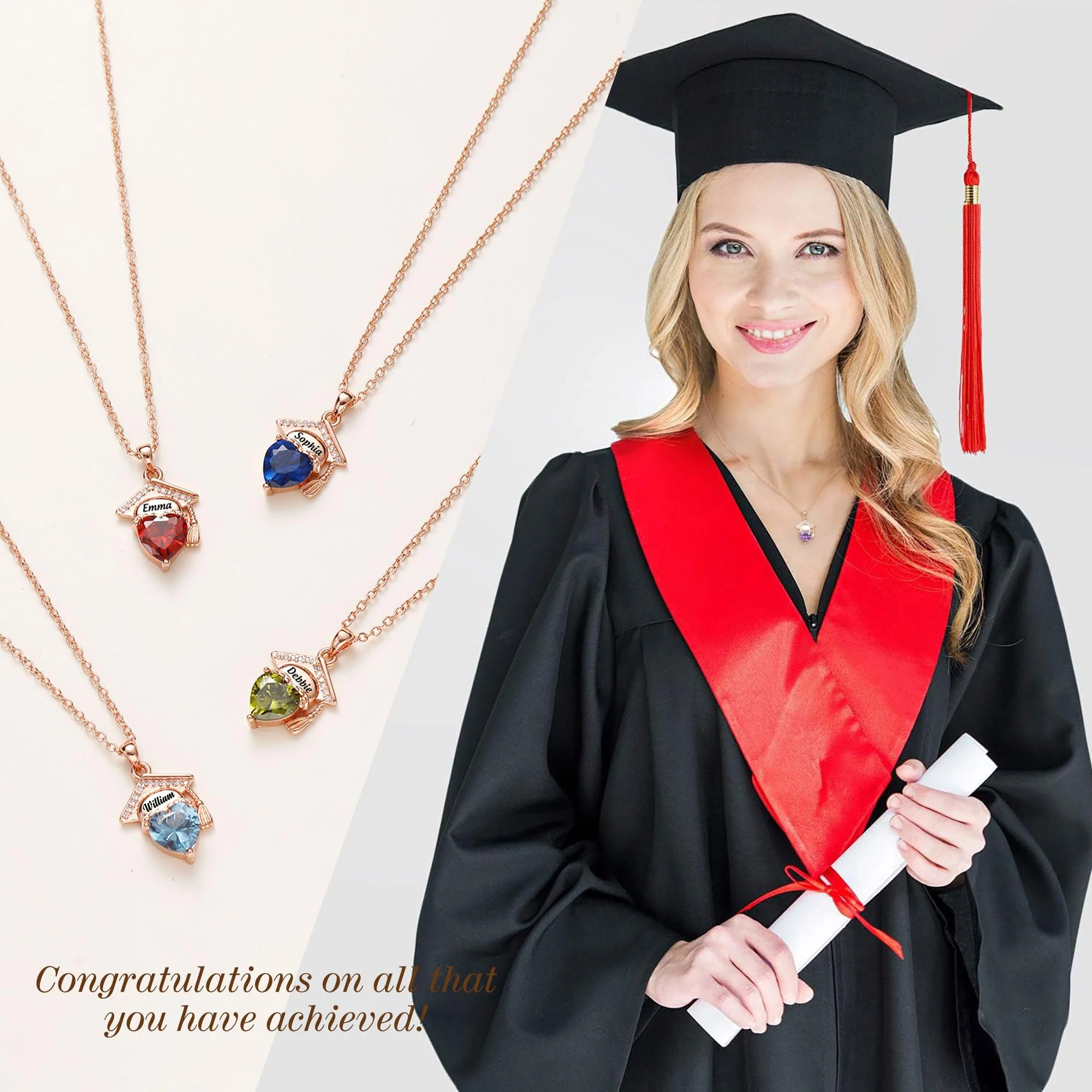 Engraved Name Personalized Bachelor Hat Heart Shaped Birthstone Graduation Necklace - Image 4