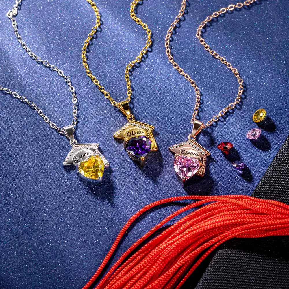 Engraved Name Personalized Bachelor Hat Heart Shaped Birthstone Graduation Necklace - Image 7