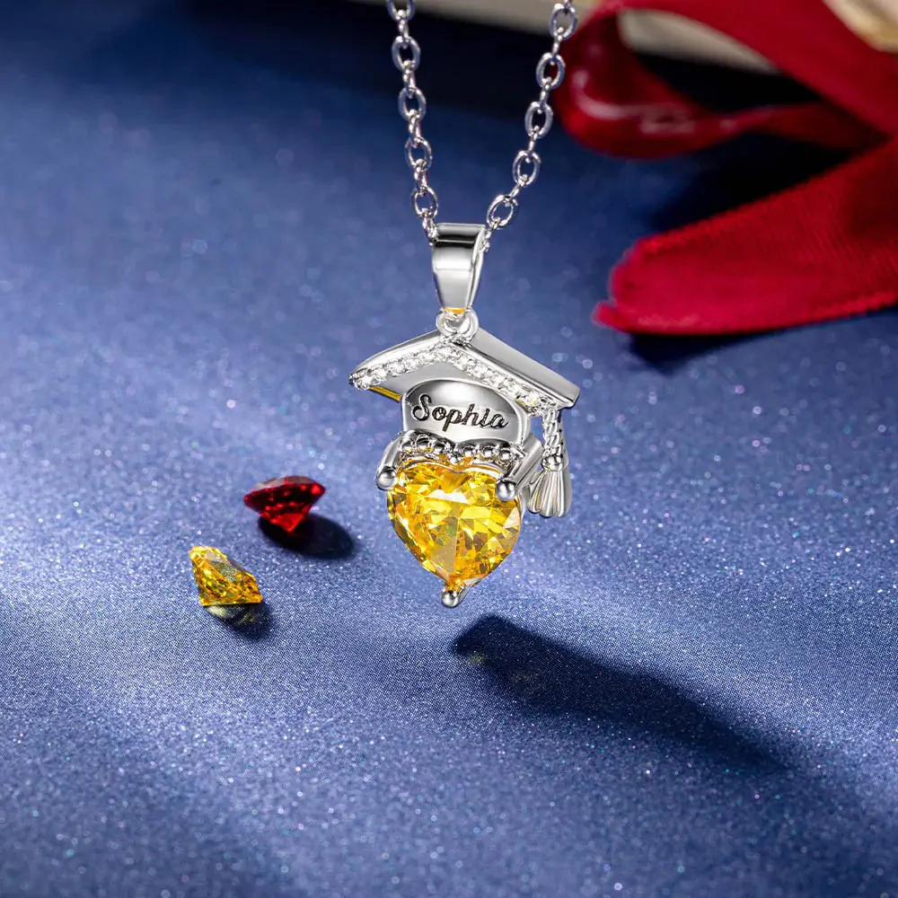 Engraved Name Personalized Bachelor Hat Heart Shaped Birthstone Graduation Necklace - Image 8