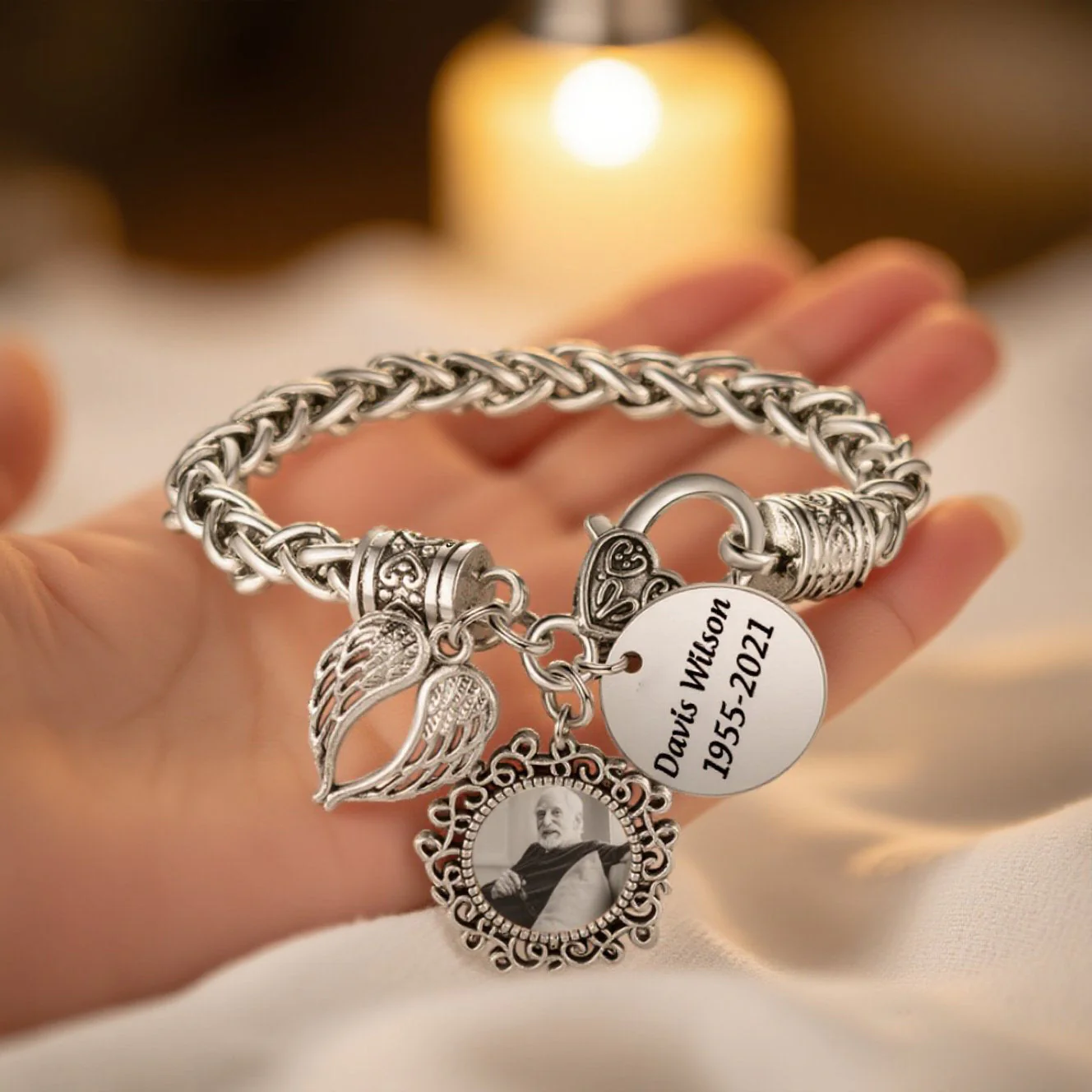 Engraved Name Personalized Memorial Antique Bracelet With Photo - Image 3