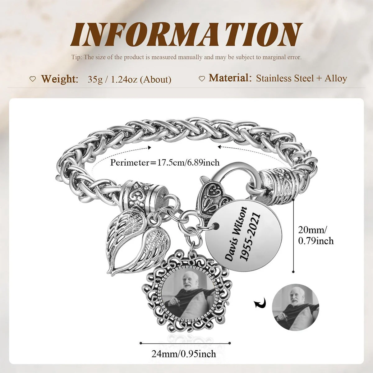 Engraved Name Personalized Memorial Antique Bracelet With Photo - Image 6