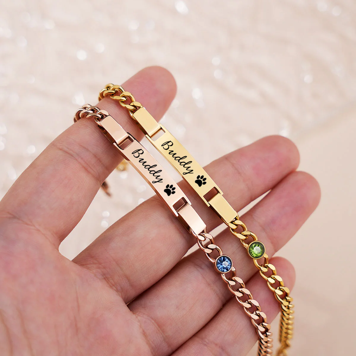 Engraved Pet Paw Name Birthstone Bracelet - Personalized Stainless Steel Bracelet - Image 3