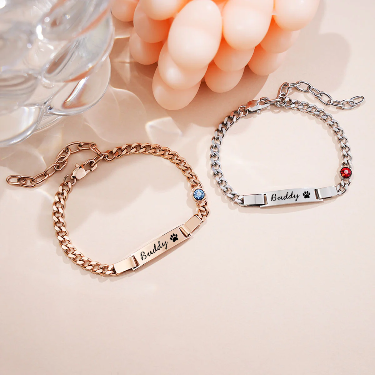 Engraved Pet Paw Name Birthstone Bracelet - Personalized Stainless Steel Bracelet - Image 6