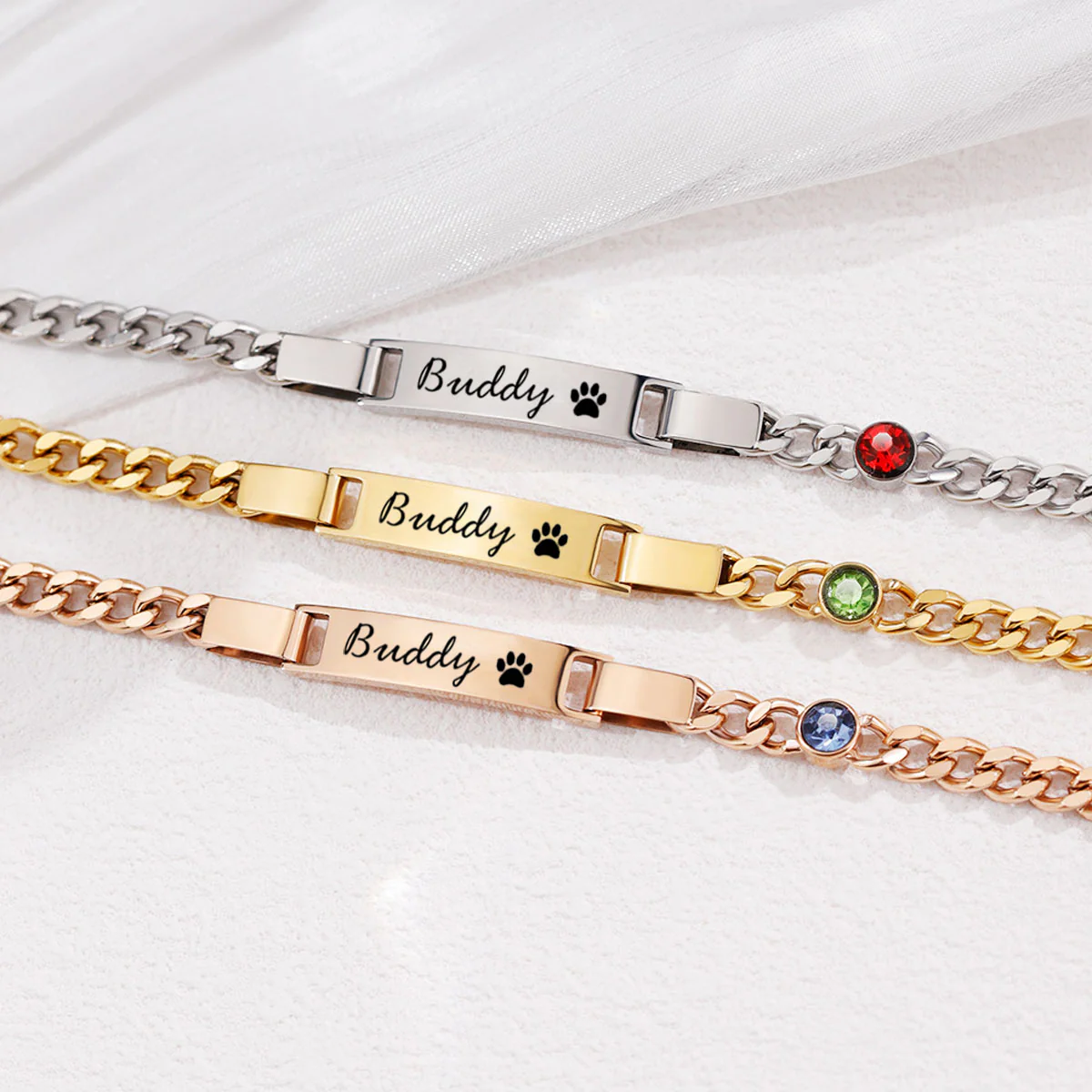 Engraved Pet Paw Name Birthstone Bracelet - Personalized Stainless Steel Bracelet - Image 7