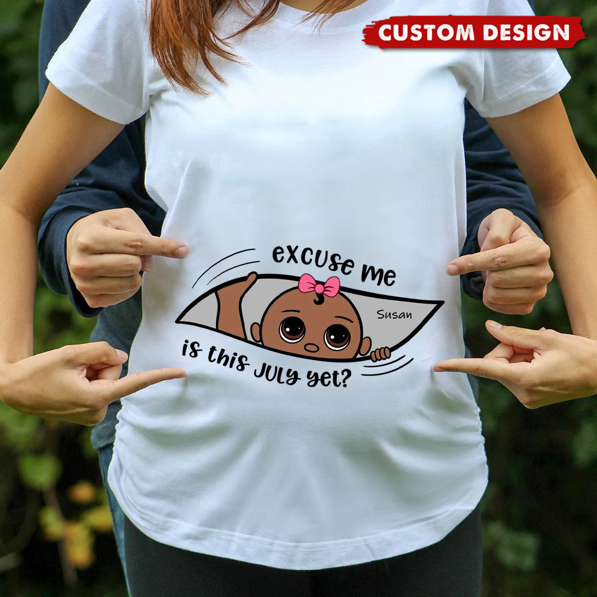 Excuse Me Is It Yet - Personalized Pure Cotton T-Shirt, Custom Pregnancy Reveal Shirt Gift For Expecting Moms - Image 2