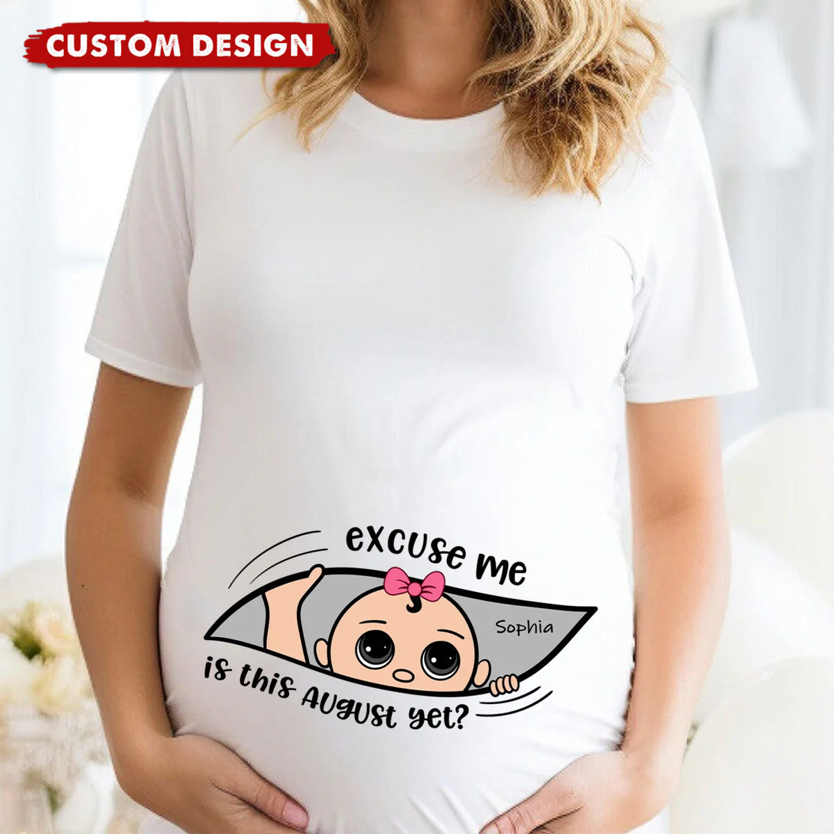 Excuse Me Is It Yet - Personalized Pure Cotton T-Shirt, Custom Pregnancy Reveal Shirt Gift For Expecting Moms - Image 3