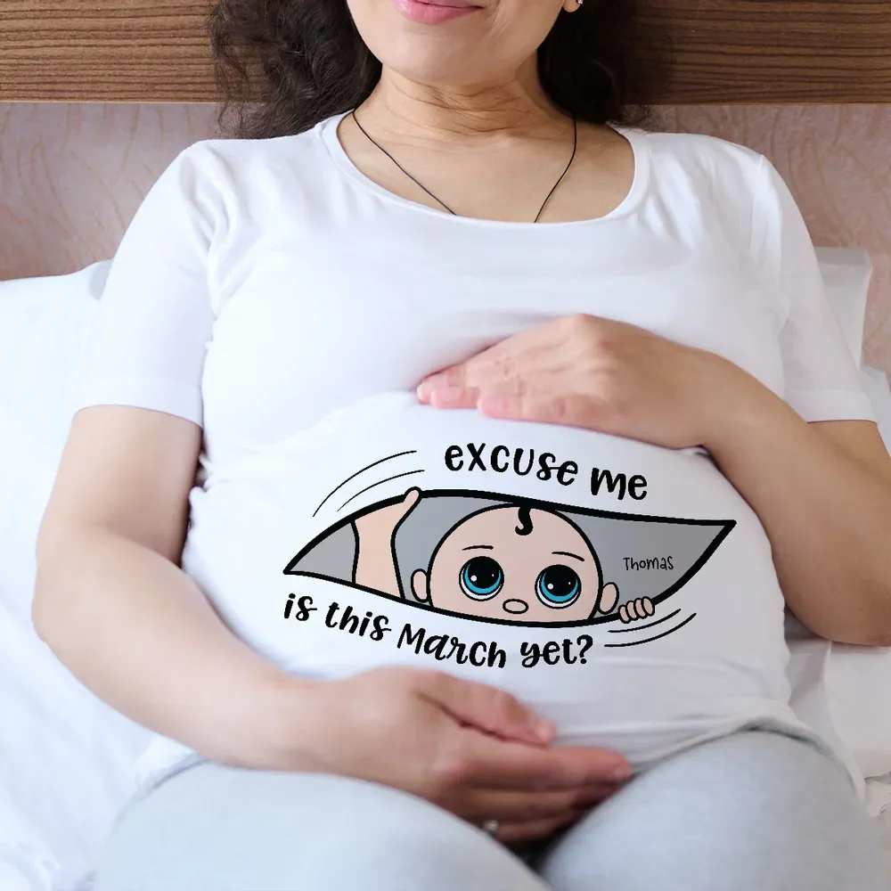 Excuse Me Is It Yet - Personalized Pure Cotton T-Shirt, Custom Pregnancy Reveal Shirt Gift For Expecting Moms - Image 4