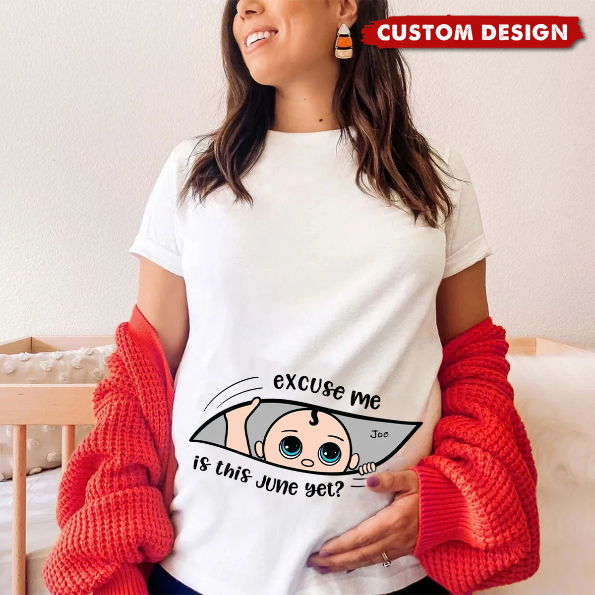Excuse Me Is It Yet - Personalized Pure Cotton T-Shirt, Custom Pregnancy Reveal Shirt Gift For Expecting Moms - Image 6