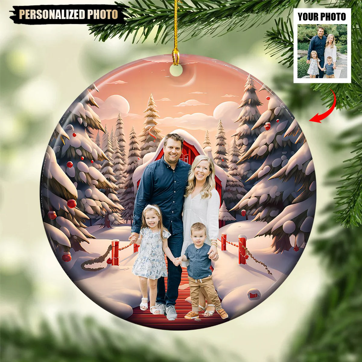 Family Photo Personalized Christmas Snow Ceramic Ornament - Image 3