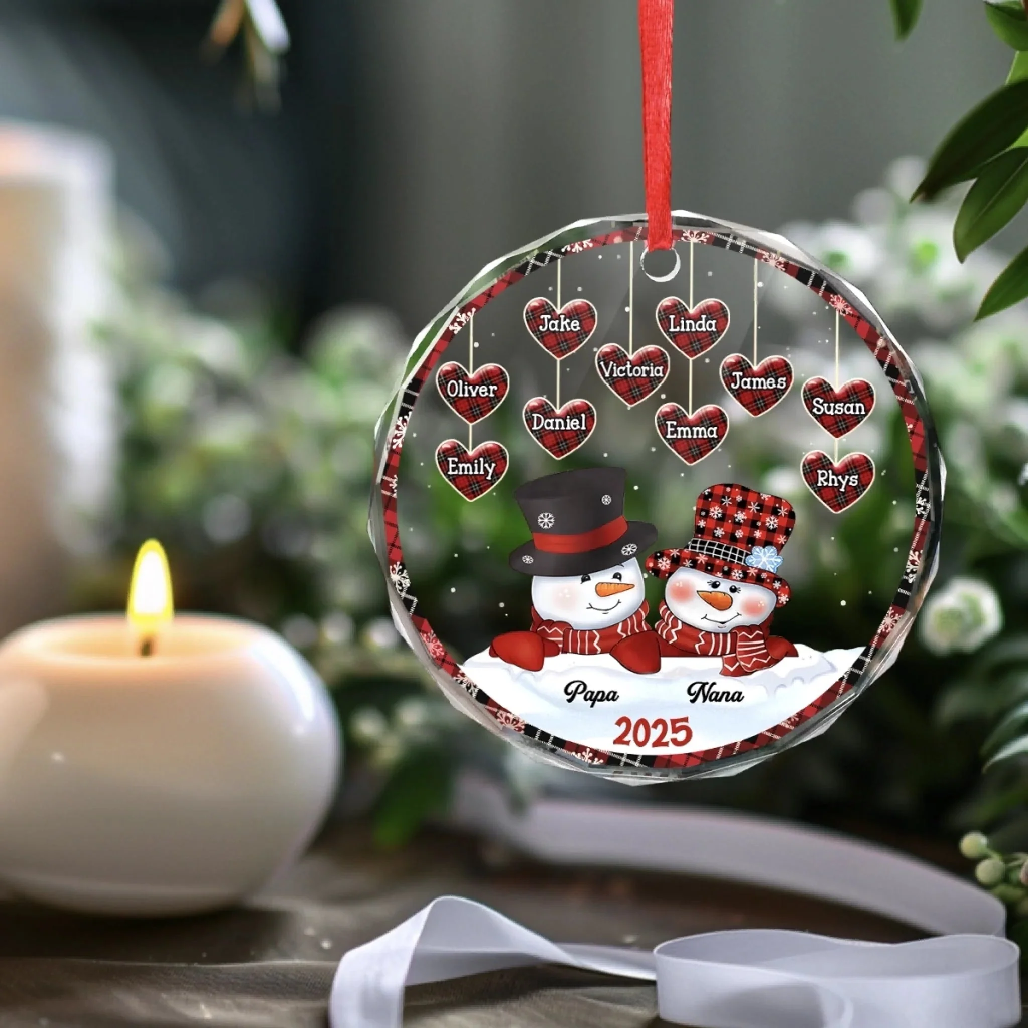 Family Snowman Personalized Circle Glass Ornament - Christmas Gift For Grandma, Grandpa - Image 2