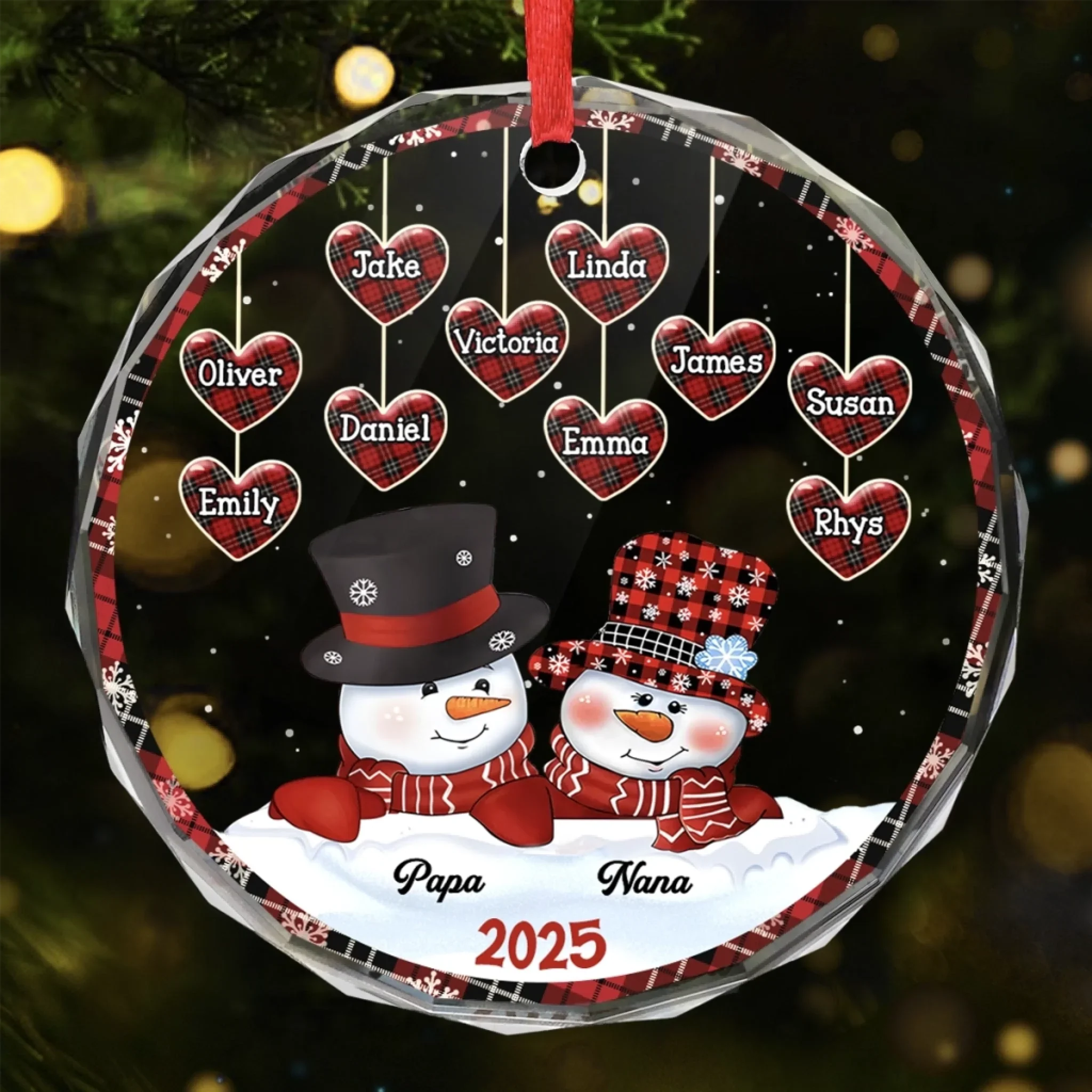 Family Snowman Personalized Circle Glass Ornament - Christmas Gift For Grandma, Grandpa - Image 3