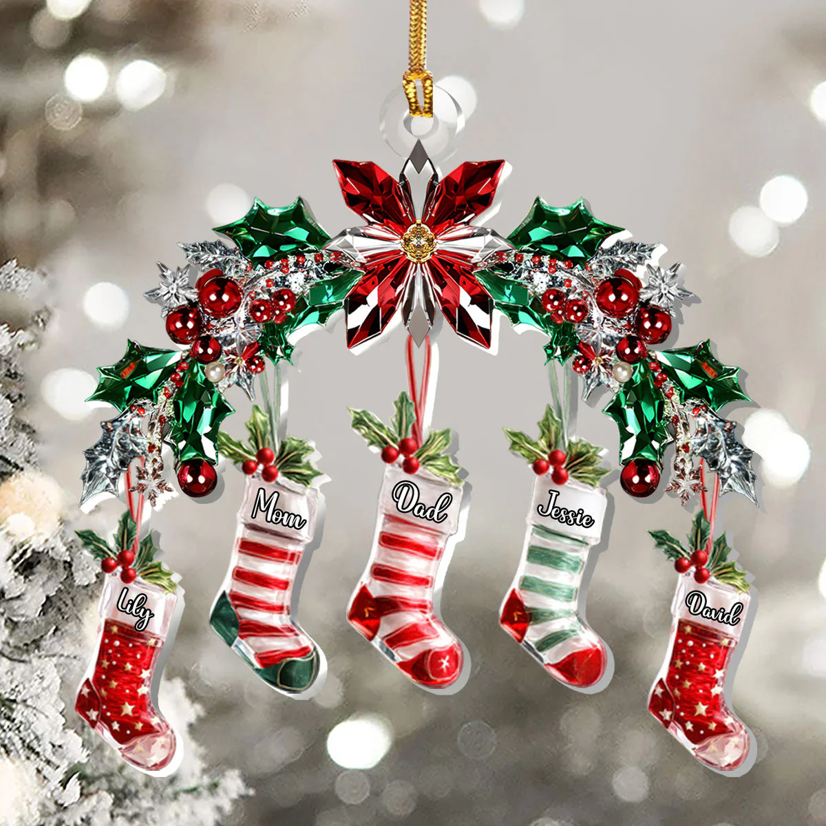 Festive Crystal Stockings Family - Personalized 1-Layer Acrylic Ornament - Image 5