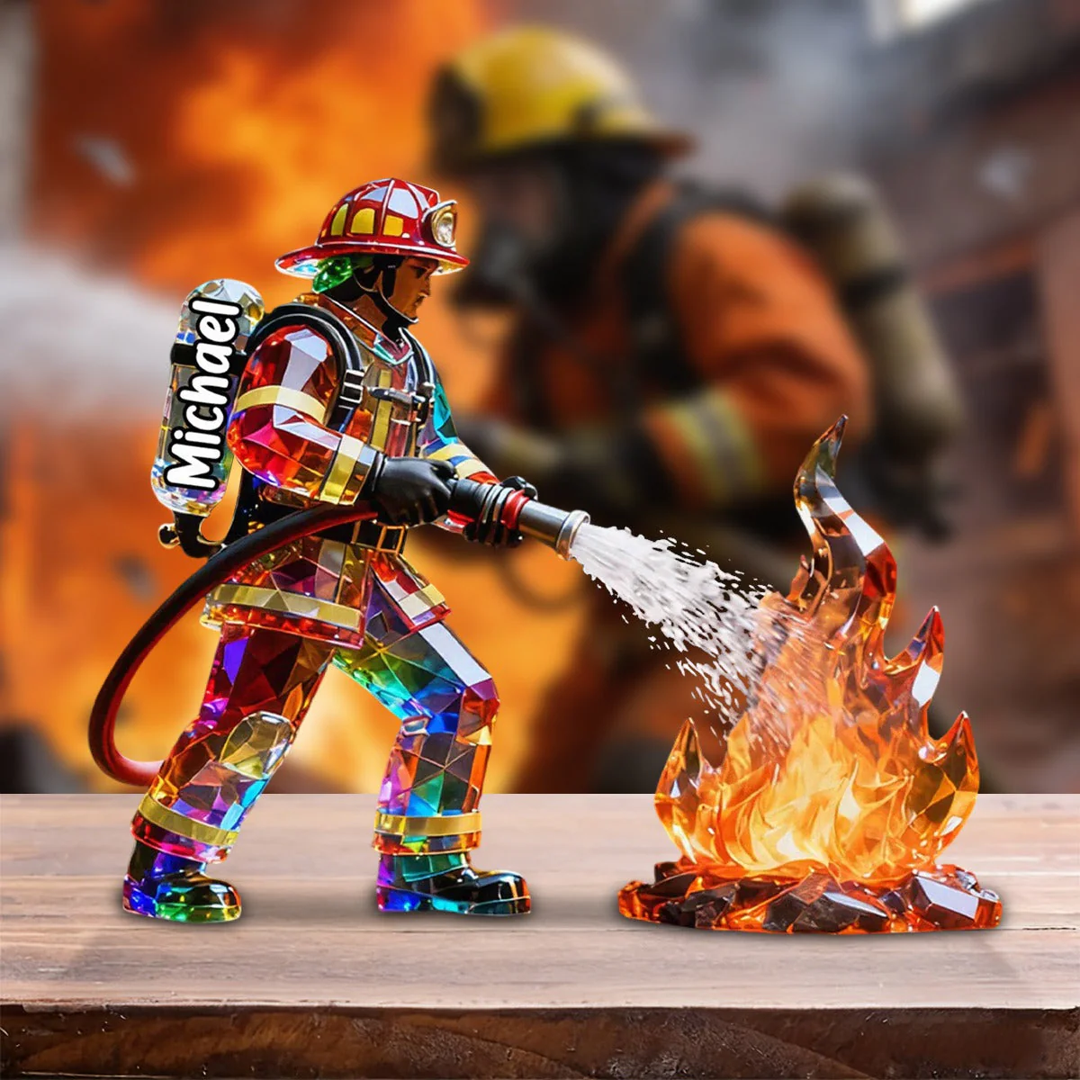 Firefighter Figurine Stained Glass Crystal Effect Personalized Acrylic Plaque, Firefighter Gift - Image 2