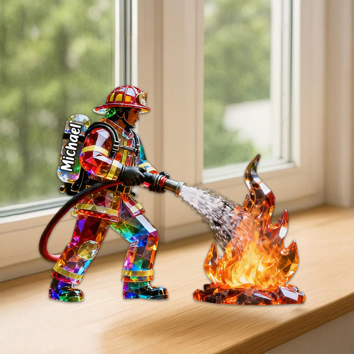 Firefighter Figurine Stained Glass Crystal Effect Personalized Acrylic Plaque, Firefighter Gift - Image 4