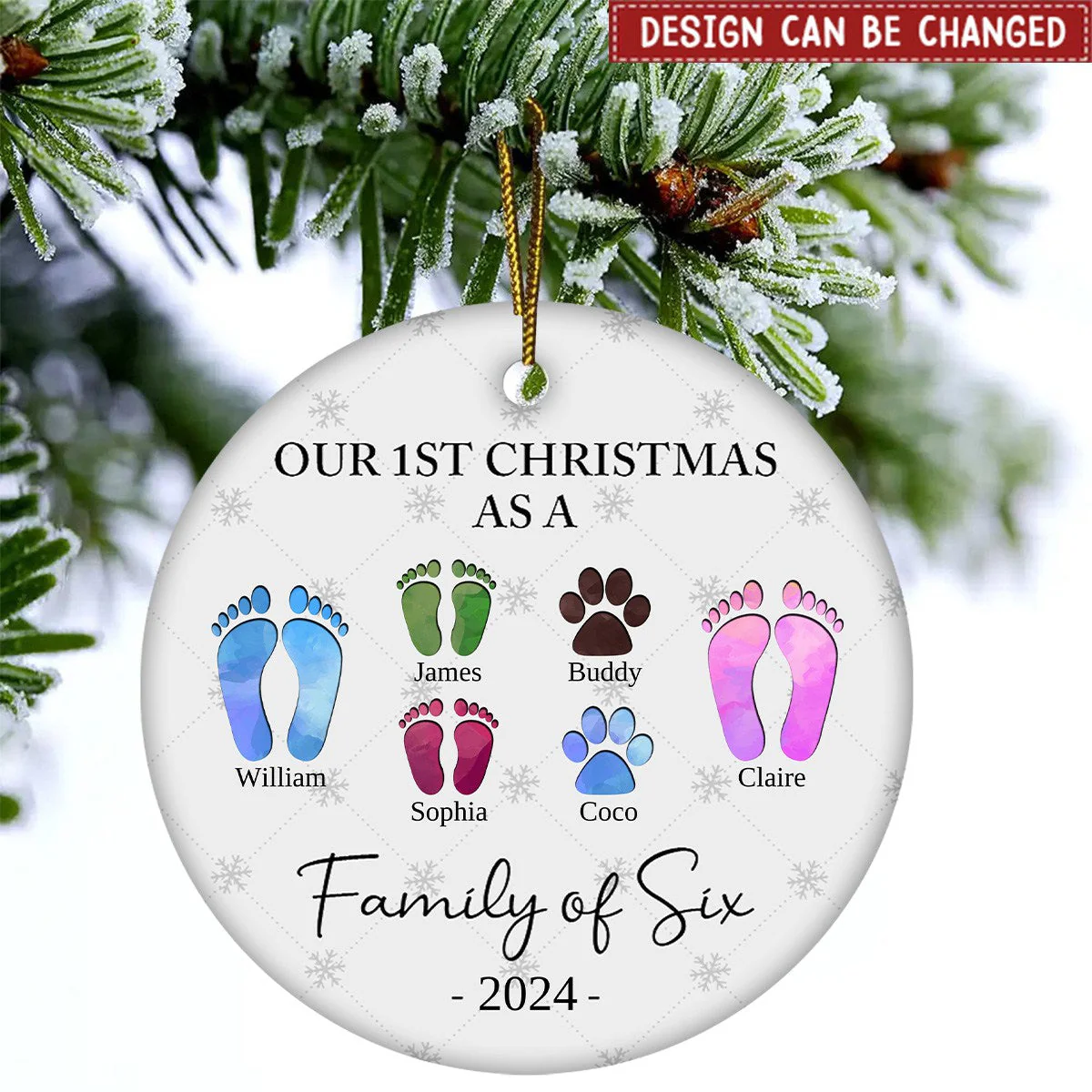 First Christmas As A Family Of Four Footprints - Personalized Ceramic Ornament - Image 2