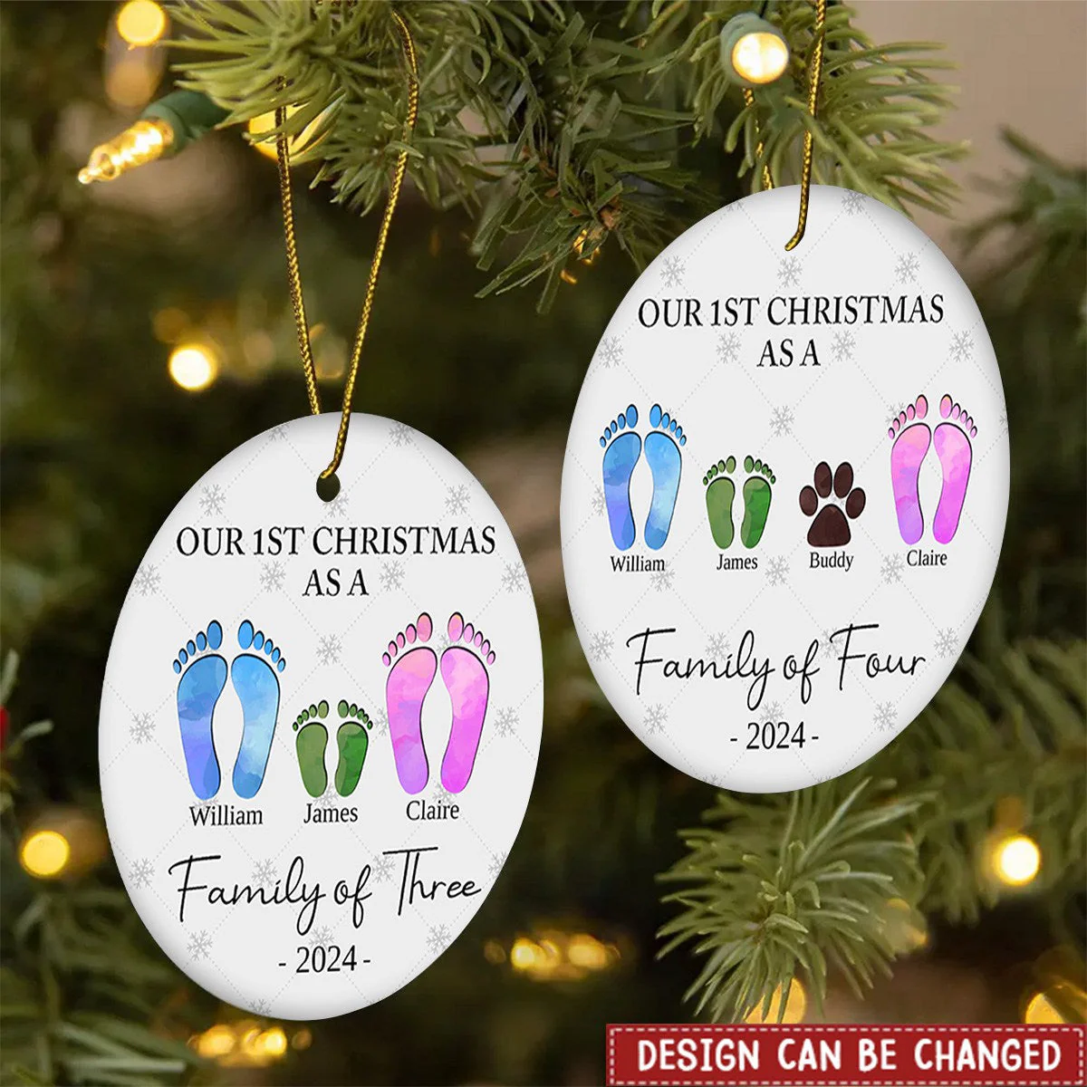 First Christmas As A Family Of Four Footprints - Personalized Ceramic Ornament - Image 3