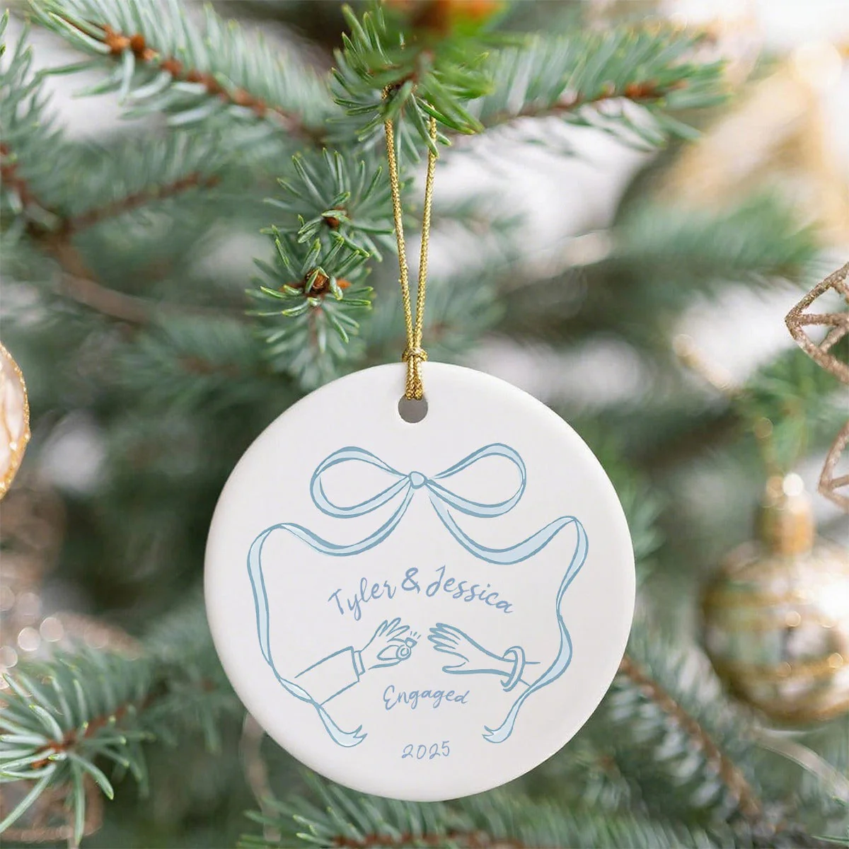 First Christmas Engaged Ceramic Ornament, Personalized Engagement Gift for Couples - Image 2