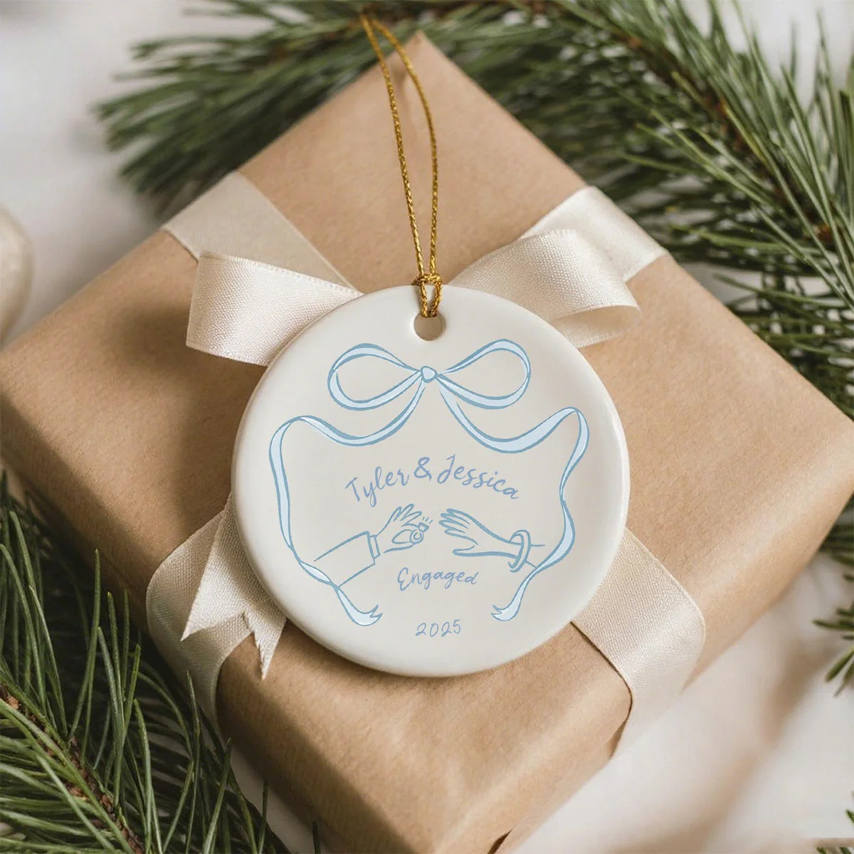 First Christmas Engaged Ceramic Ornament, Personalized Engagement Gift for Couples - Image 5