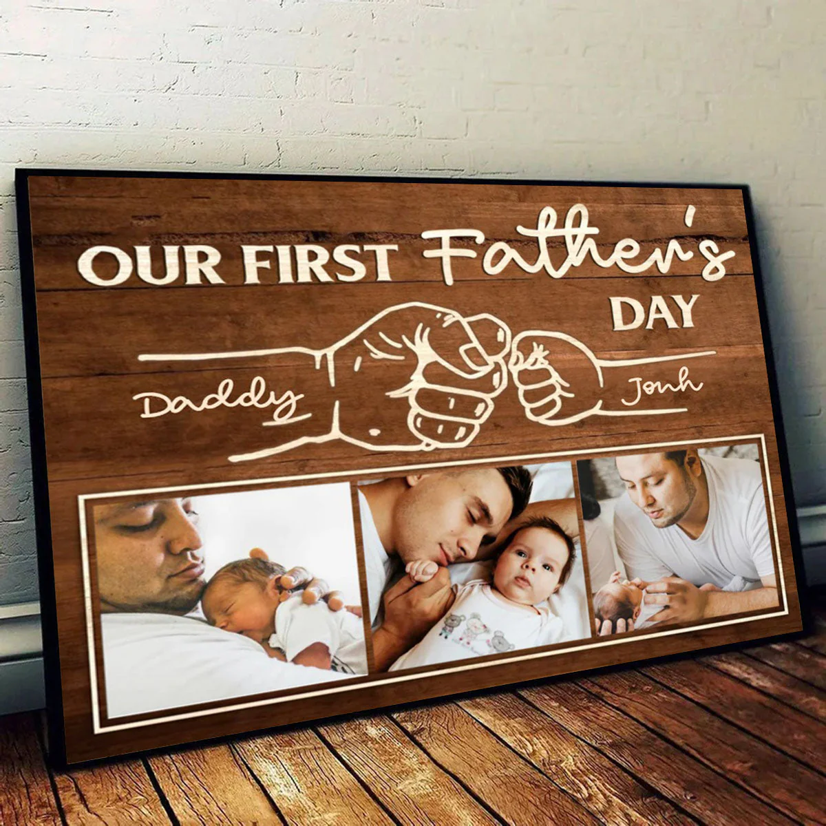 First Father’s Day Custom Fist Bump Canvas Poster, Personalized New Daddy Photo Gifts - Image 2