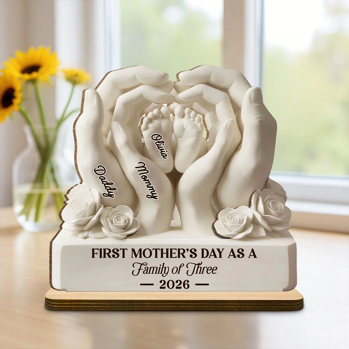 First Mother's Day As A Family Of Three, Personalized Custom 2-Layer Wood Plaque, Gift For Mom - Image 6