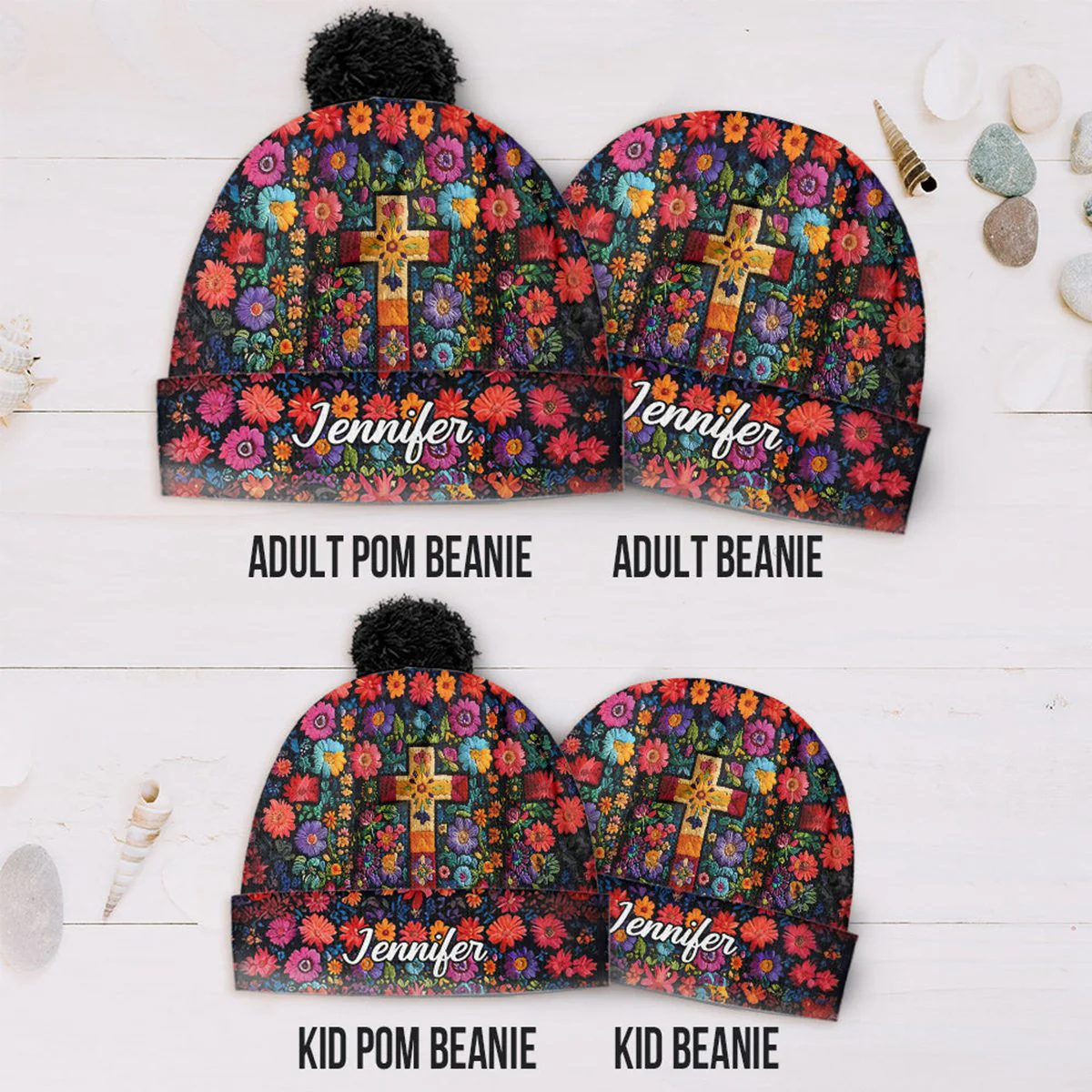 Floral Cross - Personalized Christian Beanie Hat - Image 5