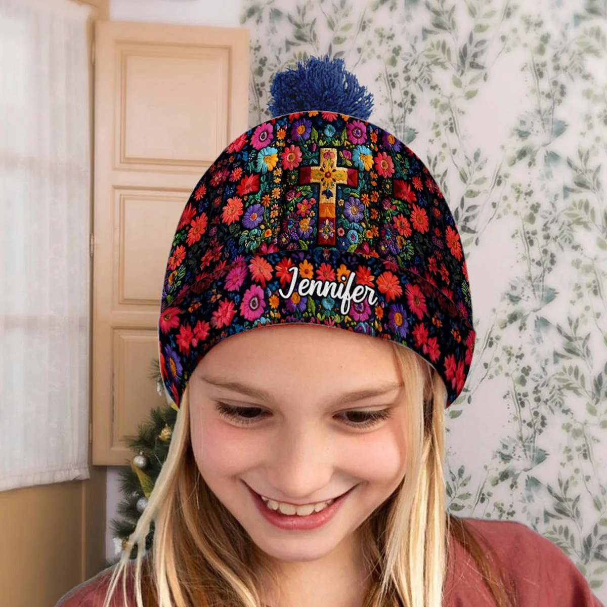 Floral Cross - Personalized Christian Beanie Hat - Image 6