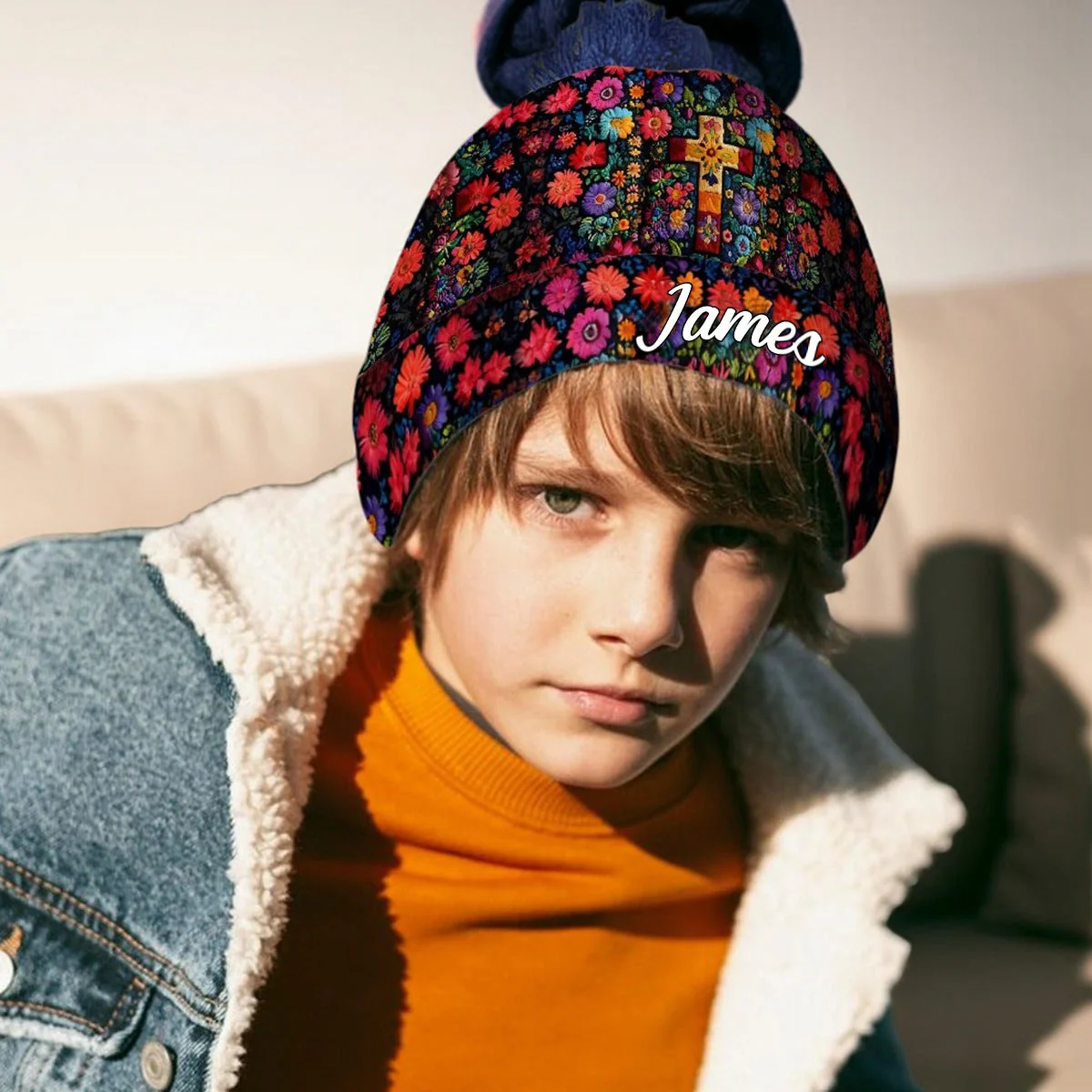 Floral Cross - Personalized Christian Beanie Hat - Image 7