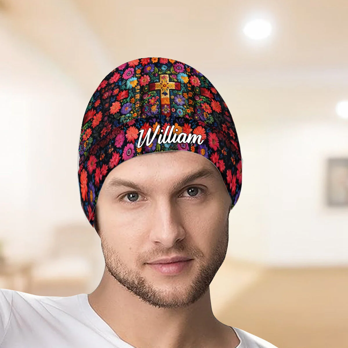Floral Cross - Personalized Christian Beanie Hat - Image 8