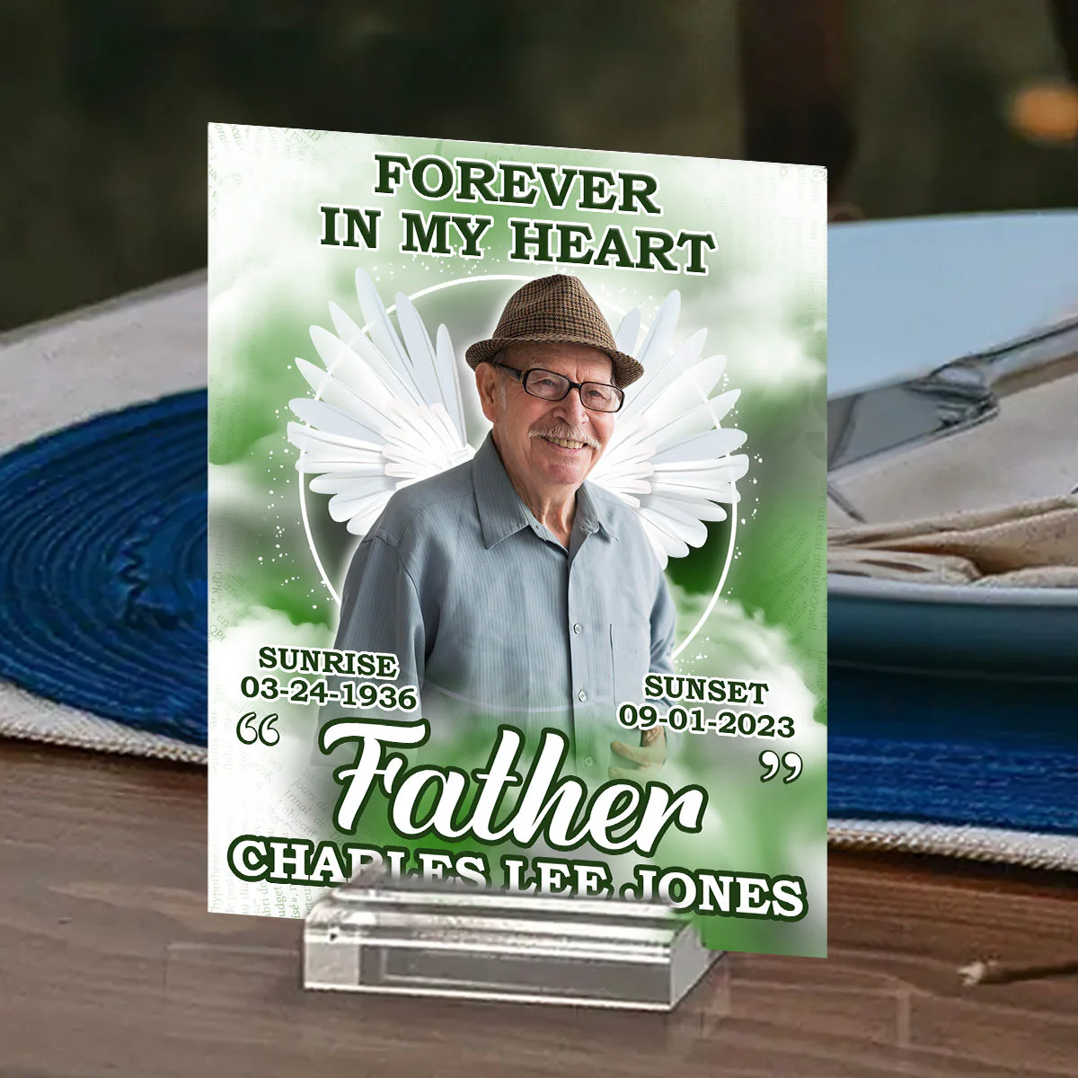 Forever In Our Hearts - Personalized Wings Memorial Acrylic Plaque With Base - Image 3