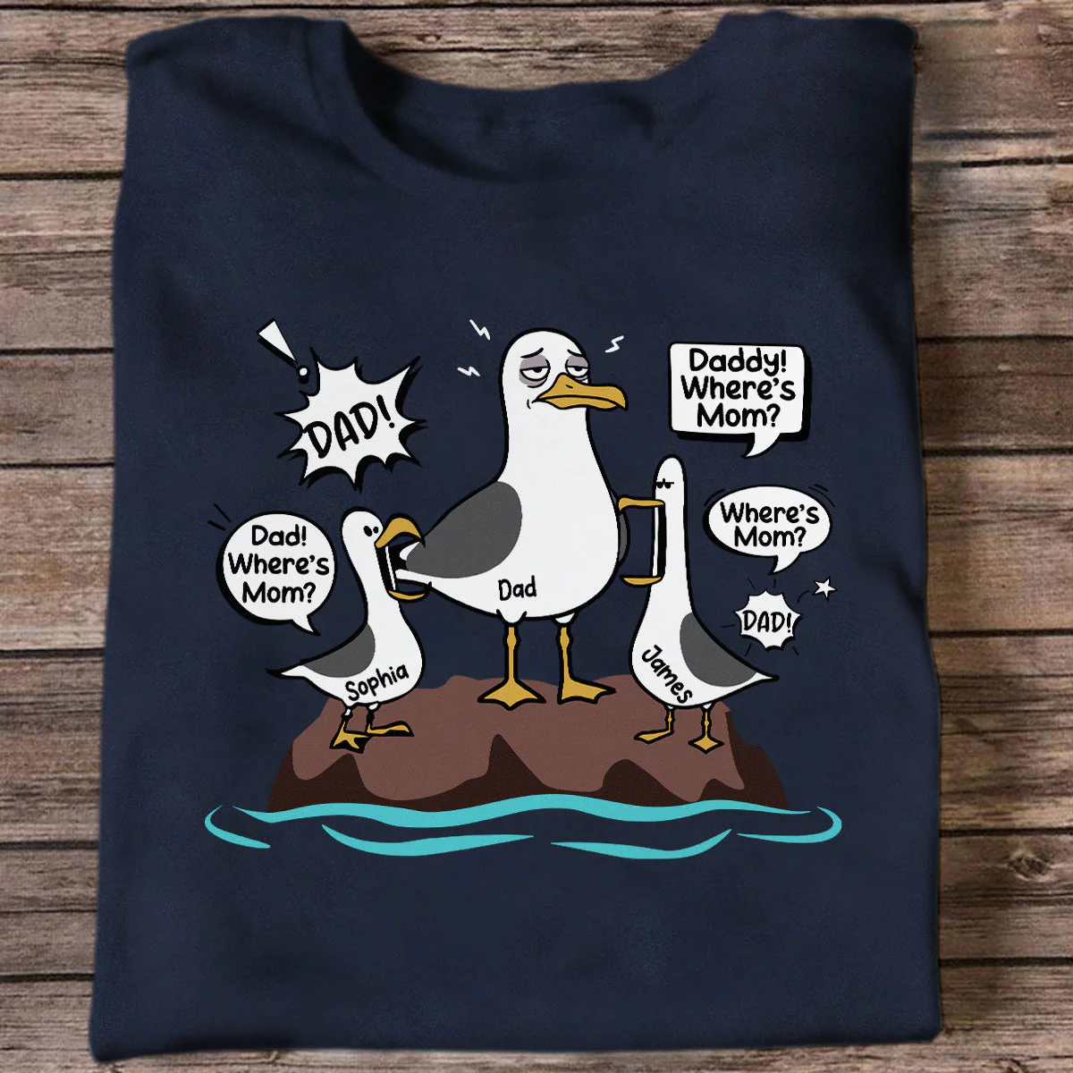 Funny Tired Seagull & Kids Custom Name - Personalized Shirt