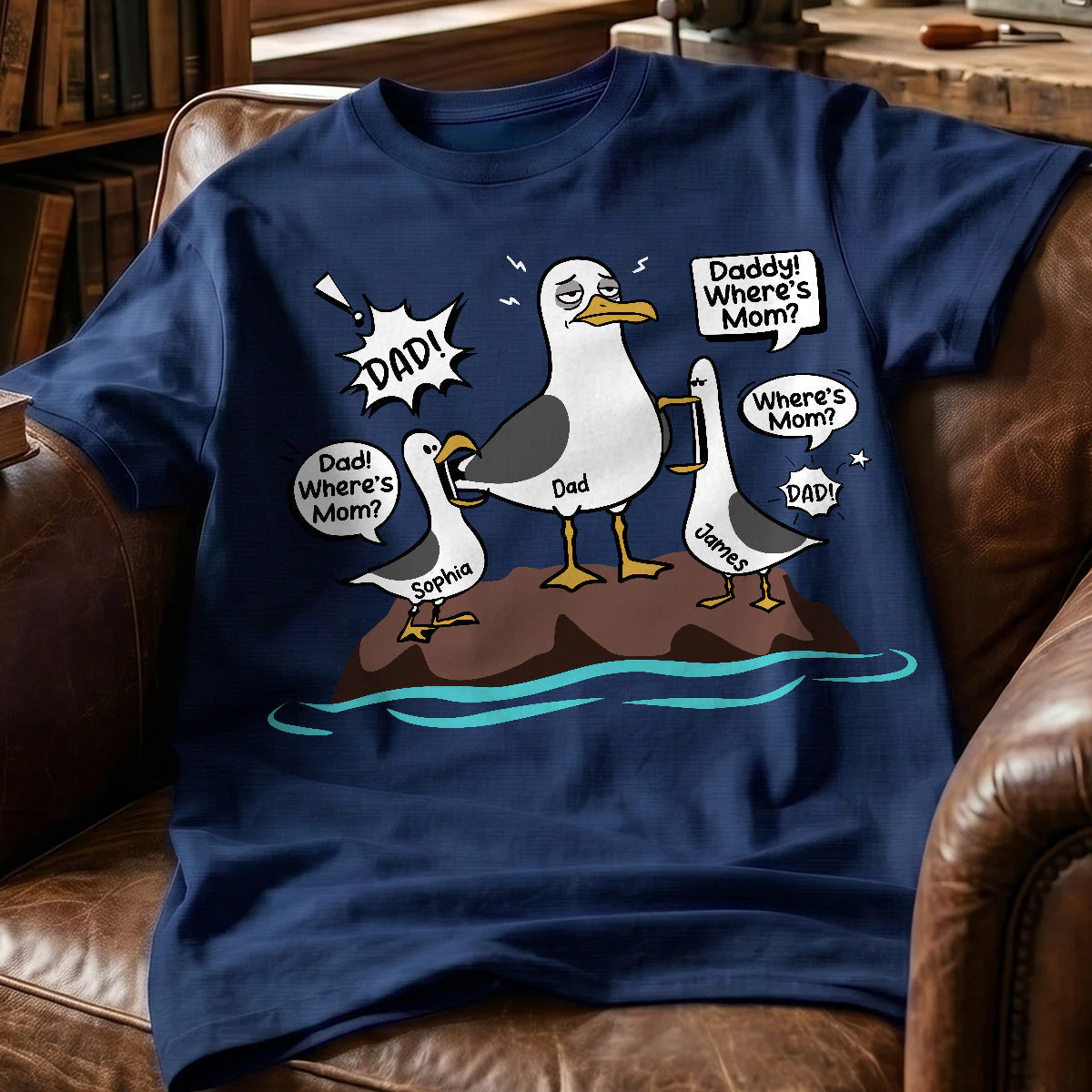 Funny Tired Seagull & Kids Custom Name - Personalized Shirt - Image 2