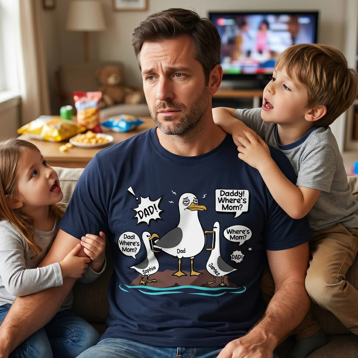 Funny Tired Seagull & Kids Custom Name - Personalized Shirt - Image 3