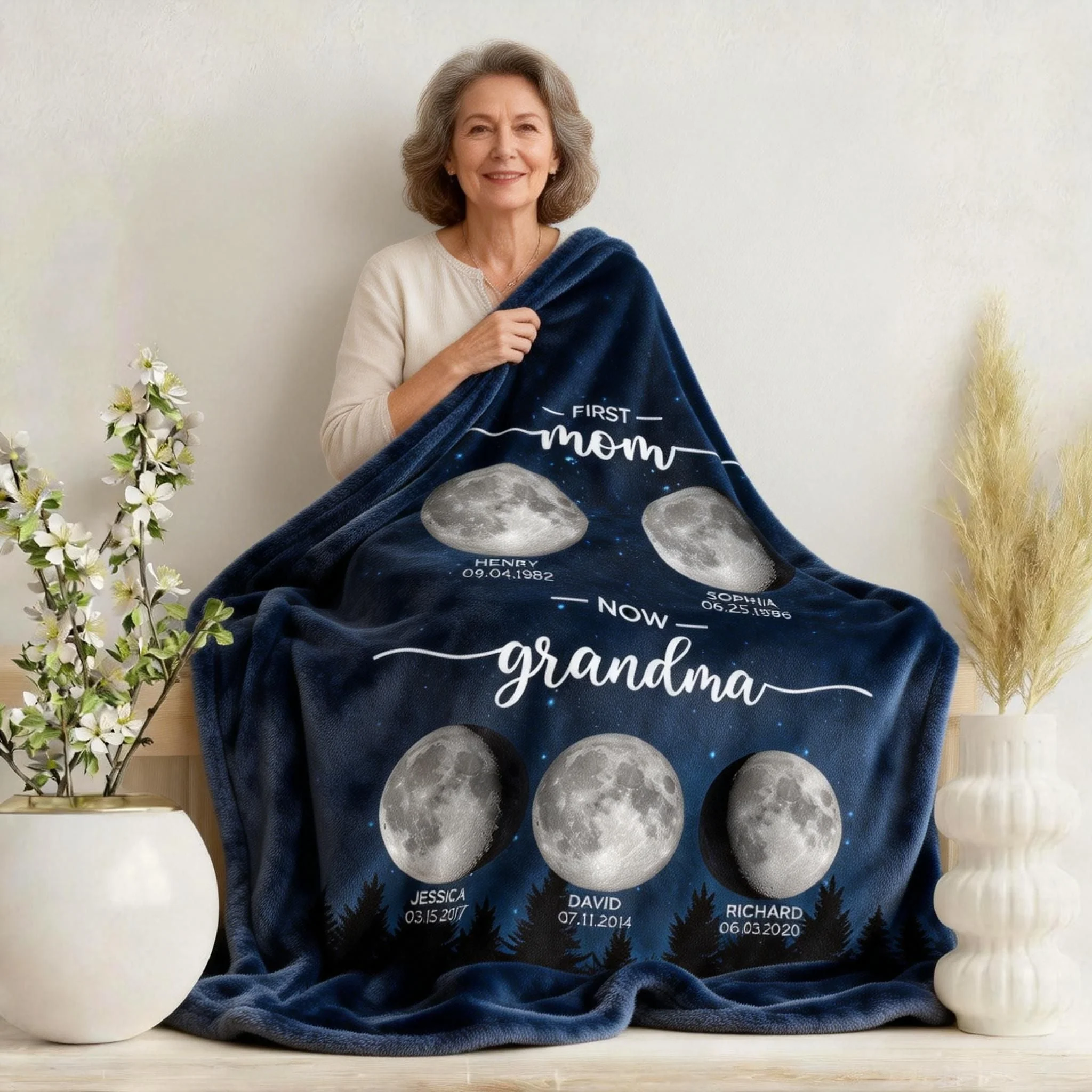 Galaxy Night First Mom Now Grandma Personalized Birth Moon Phase Blanket - Image 2