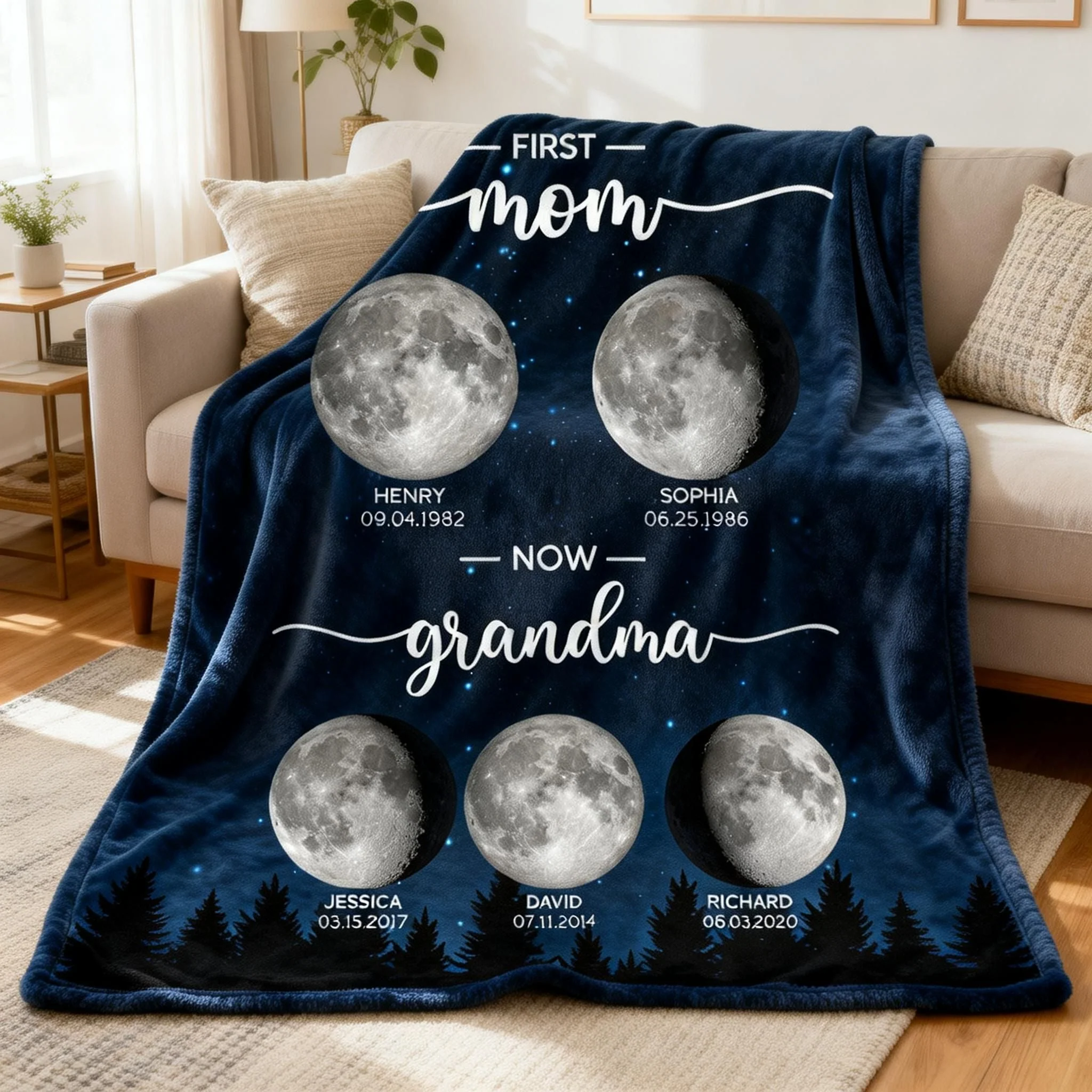 Galaxy Night First Mom Now Grandma Personalized Birth Moon Phase Blanket - Image 3