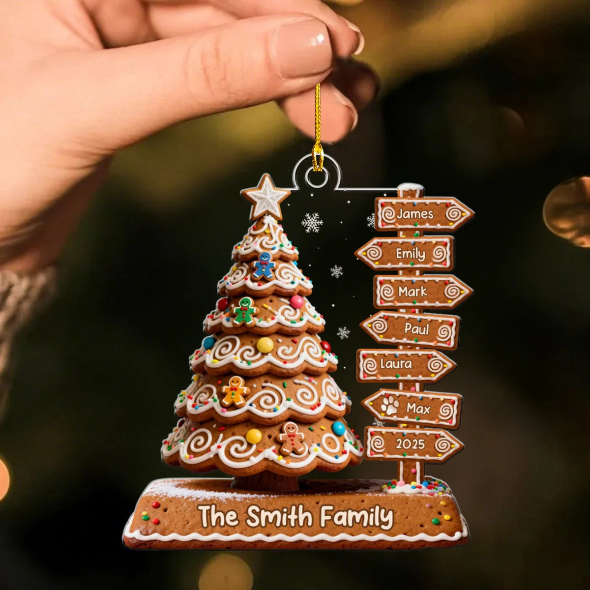 Gingerbread Family Christmas Tree Personalized Acrylic Ornament - Image 3