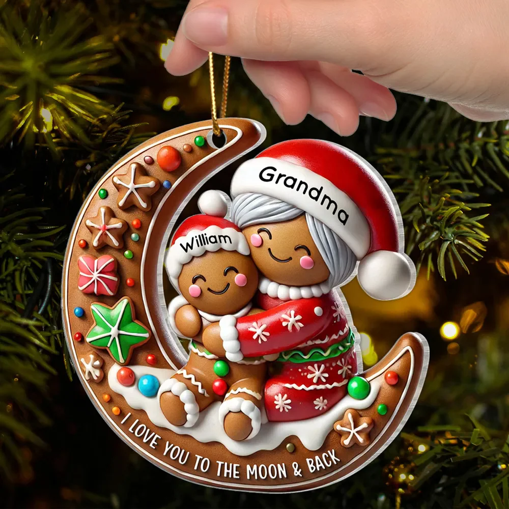 Gingerbread Grandma Hugging Grandkid On Moon Christmas Personalized Acrylic Ornament, Meaningful Gift For Granddaughter, Grandson - Image 3